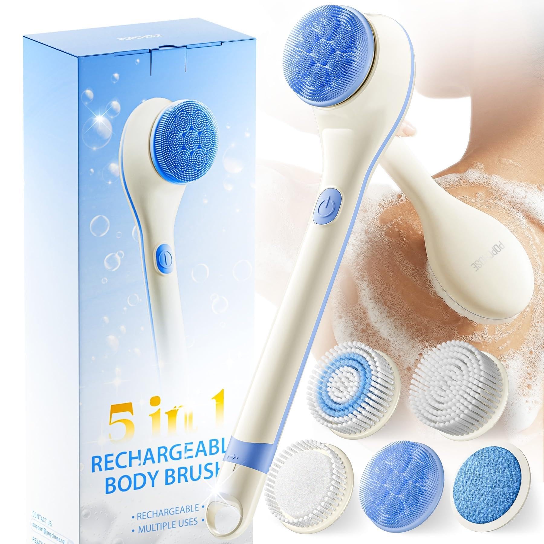 POPCHOSE Electric Body Brush for Shower with 5 Replaceable Brush Heads
