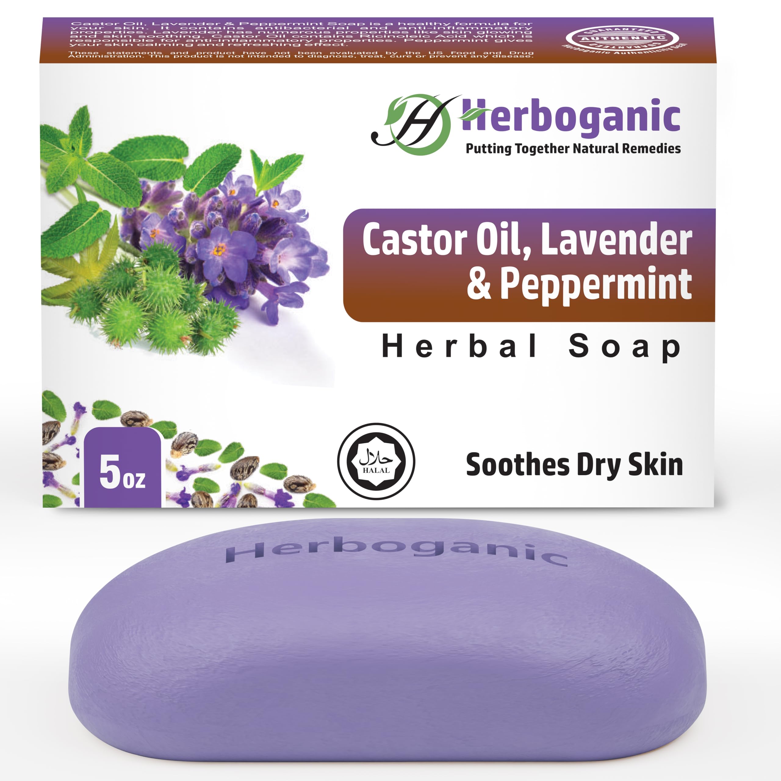 HERBOGANIC Castor Oil, Lavender and Peppermint Herbal Soap | Natural Bar Soap for Face and Body | Soothes Dry Skin | Infused wit