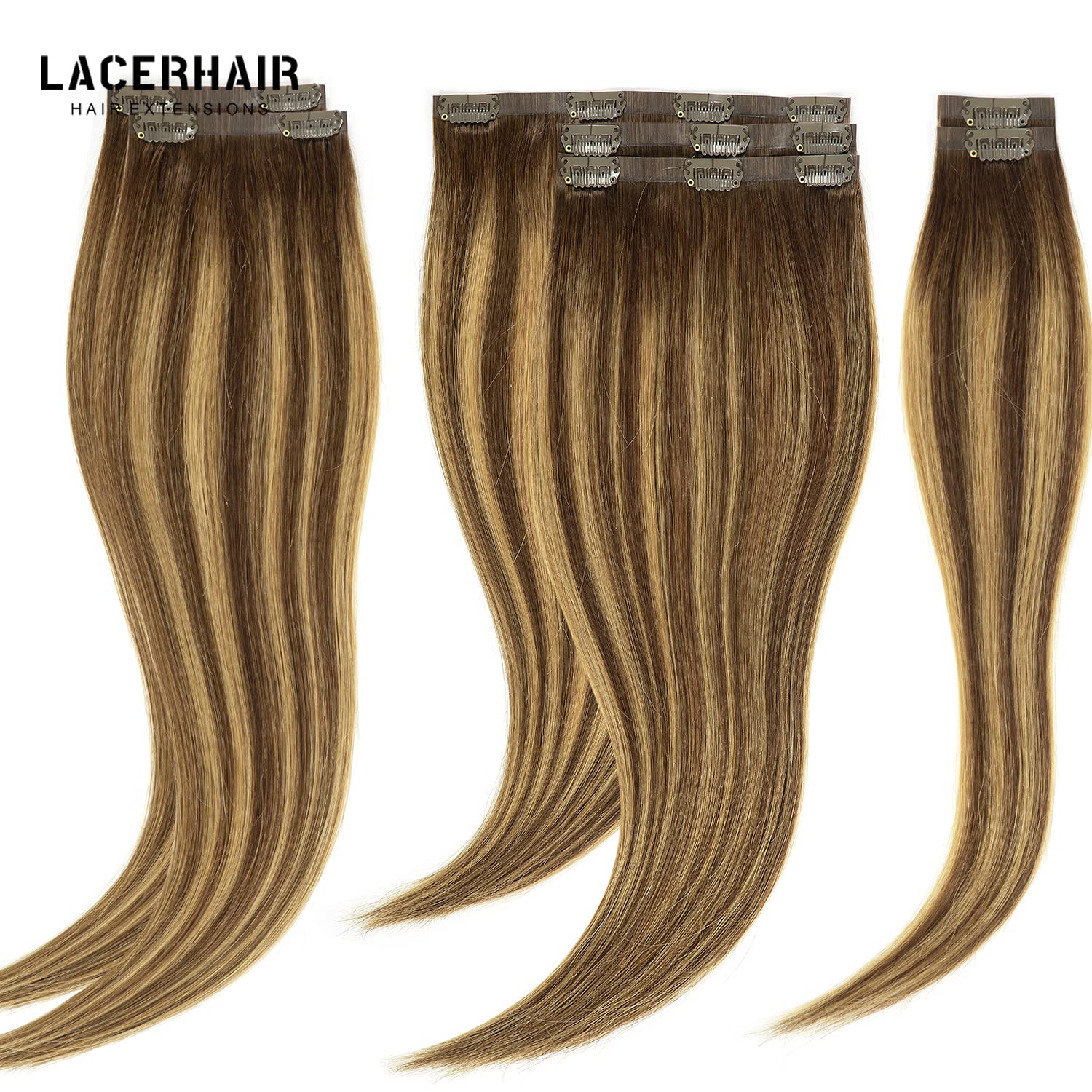 LacerHair PU Clip in Hair Extensions Remy Human Hair Chocolate Brown to Caramel Blonde with Brown Roots 22 Inch Thick Remy Glam