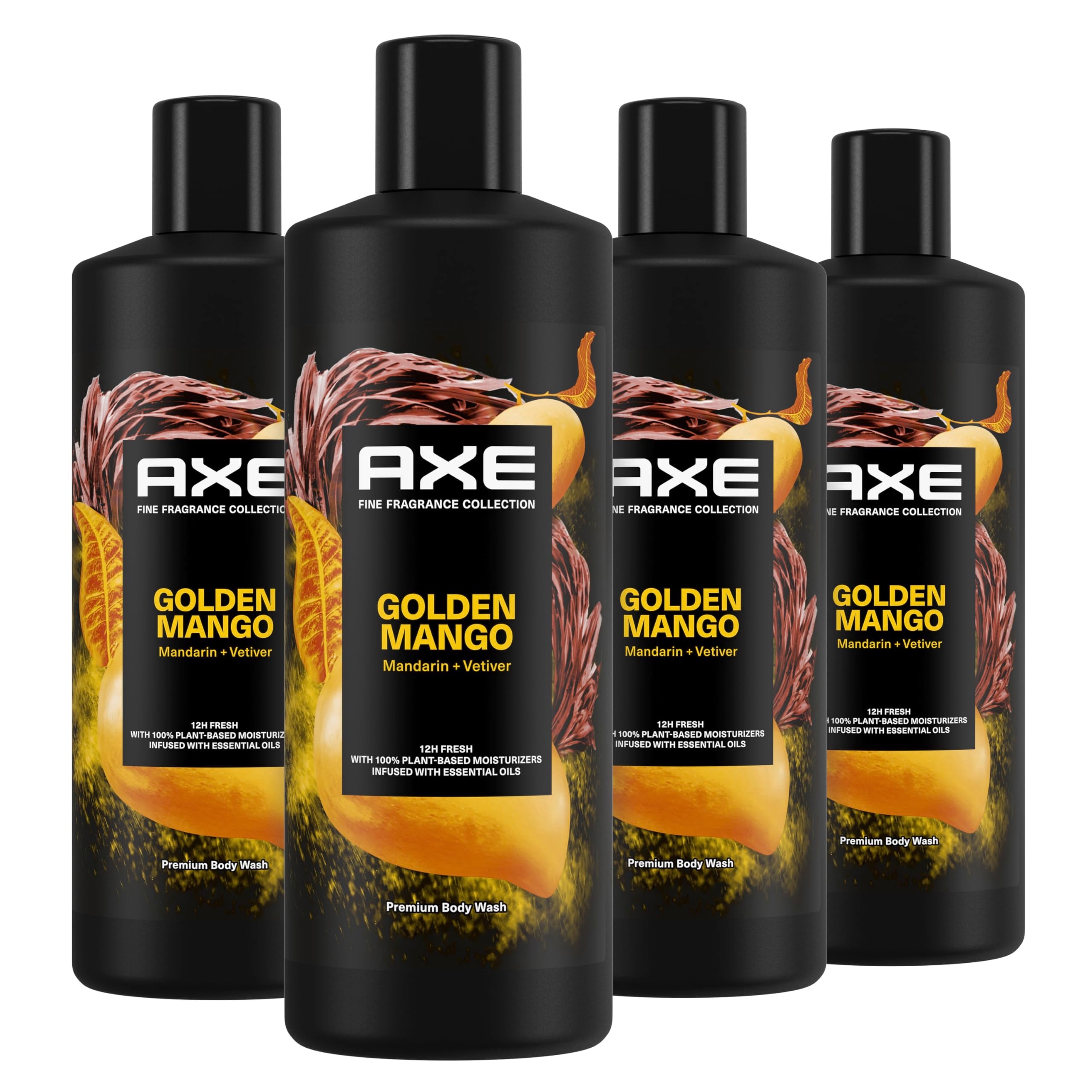 Axe Fine Fragrance Collection Body Wash For Men Golden Mango 4 Count 12H Refreshing Scent Shower Gel Infused With Mango, Mandari