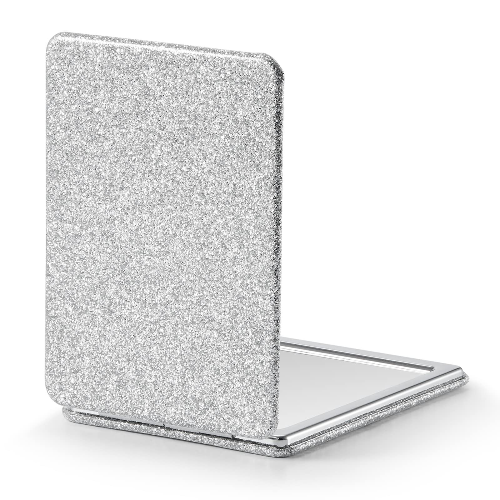 Omiro Compact Mirror, Glitter Pu Leather 1X/3X Magnification, Ultra Portable For Purses, 2.4'' W X 3.4'' L (Silver)