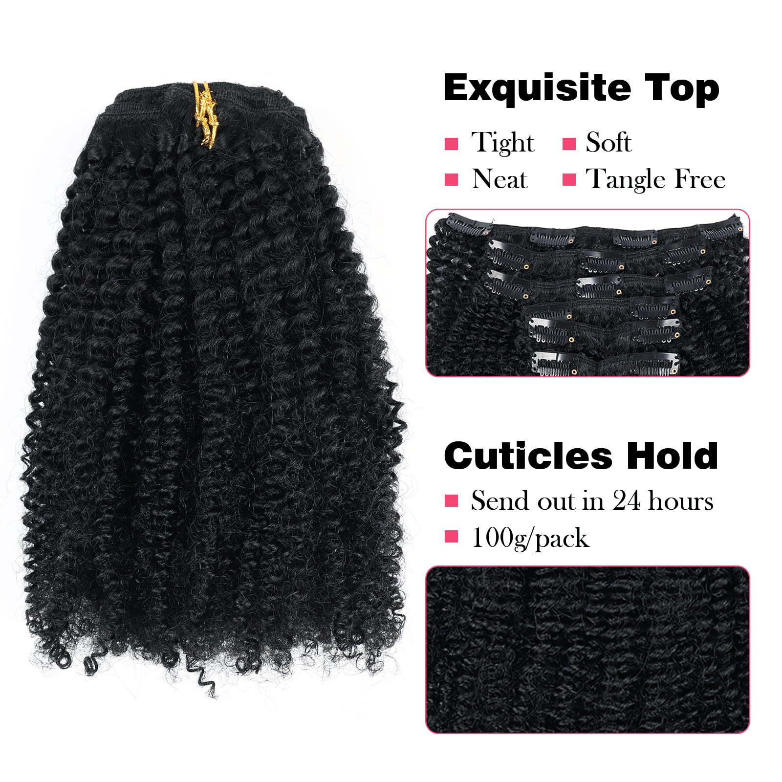 Sassina Afro Coily Clip Ins Human Hair Double Wefts 4B 4C Afro Kinky Coily Clip Ins For Black Women Jet Black Clip In Full Head