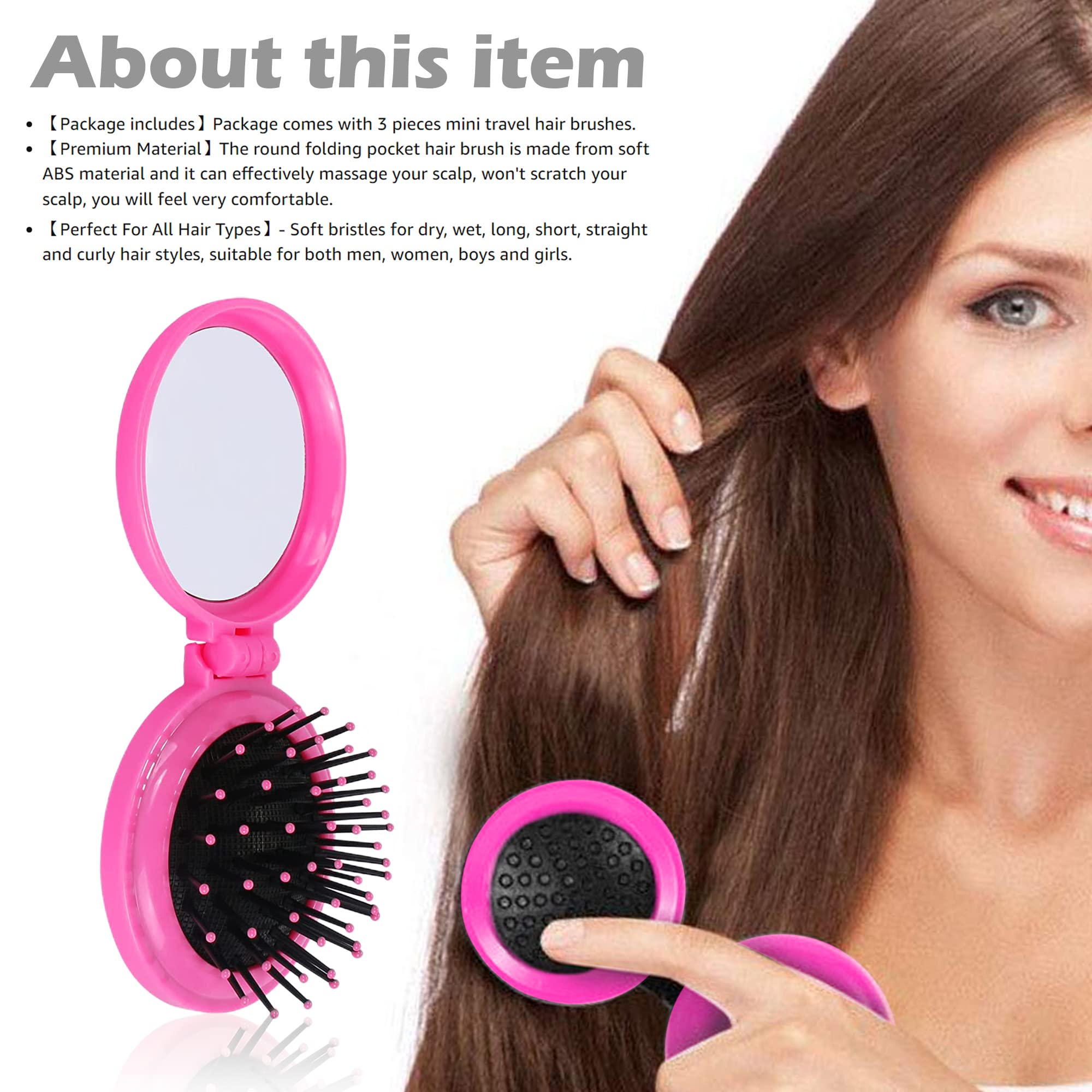 1st Choice Travel Folding Hair Brush with Mirror, Compact 2.5", Pink, Model ATB-33210, Perfect for Purse, Car, Camping, Gift 1Pc