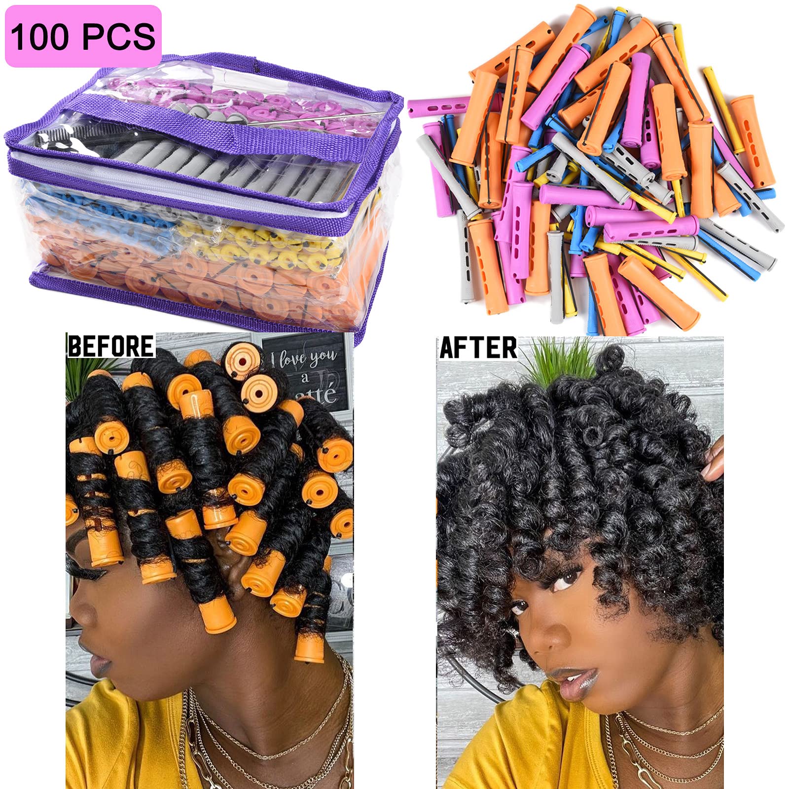 Alimiriam 100pcs Perm Rods Set - 5 Sizes Hair Rollers for Natural Curling - Plastic, Orange, Purple, Gray, Blue, Yellow