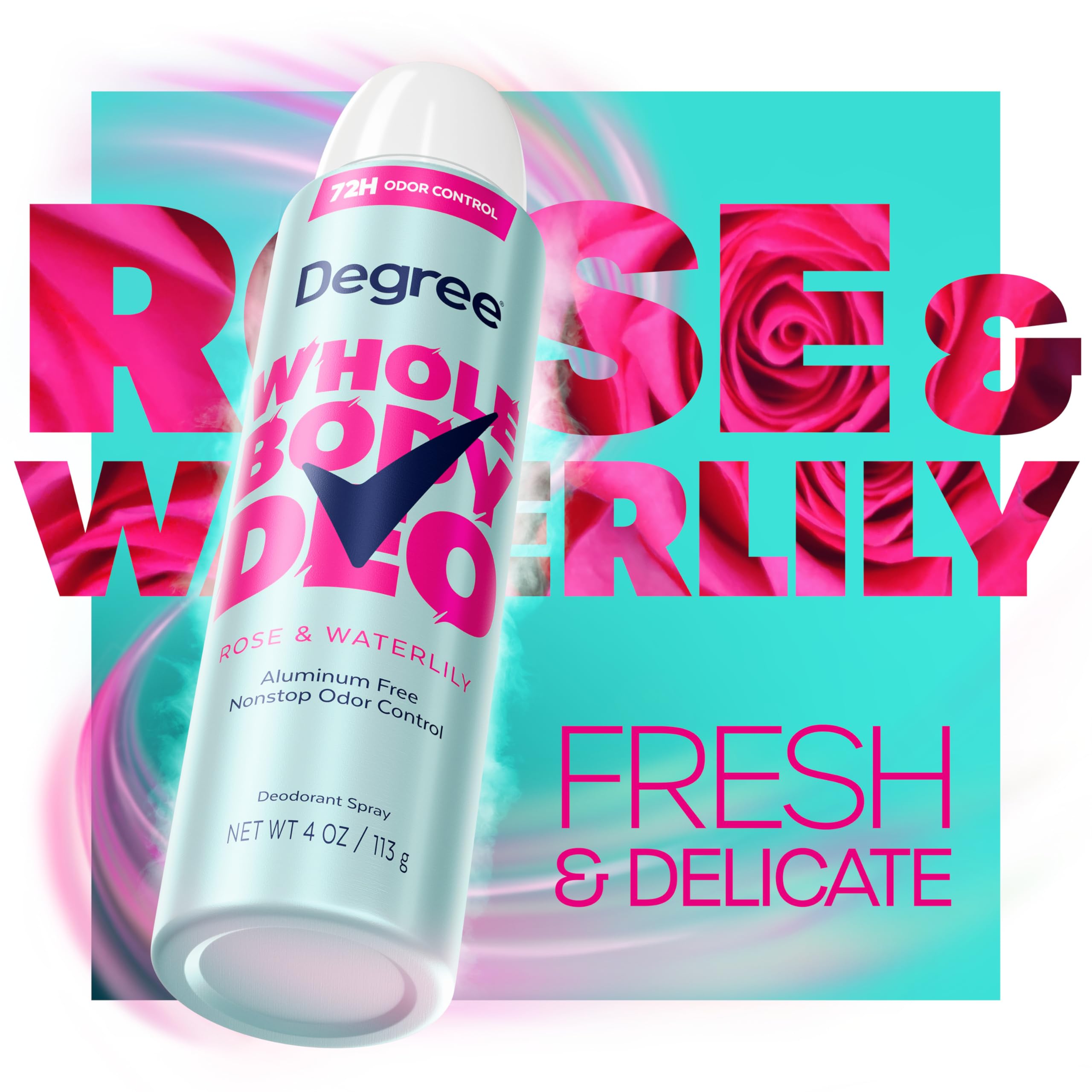 Degree Whole Body Deodorant Rose & Waterlily Deodorant Spray For Women Aluminum Free 72H Odor Protection, 4 Oz