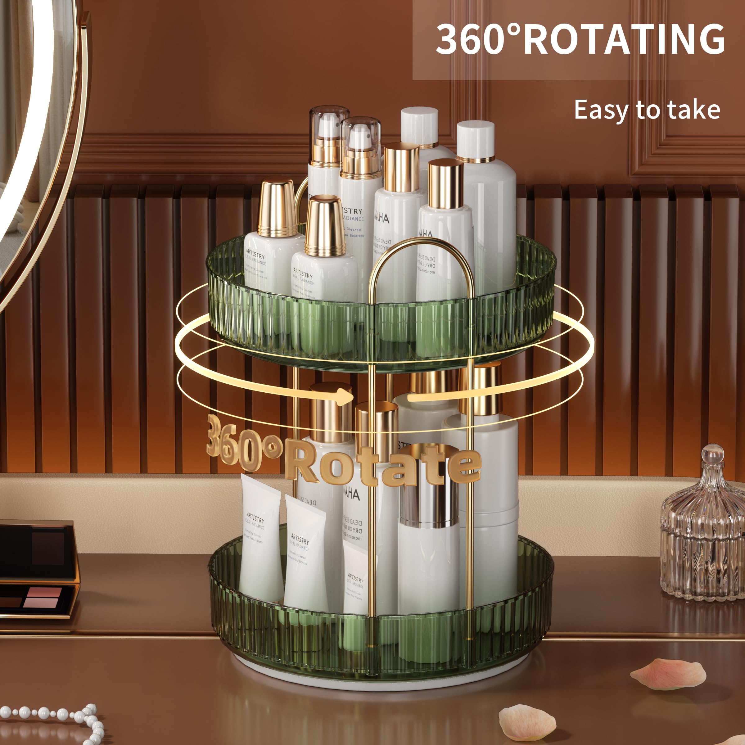 Ycia&Done 360 Rotating Makeup Organizer And Storage For Vanity Countertop 2 Tiers, High Capacity Cosmetic Skincare Perfume Organ