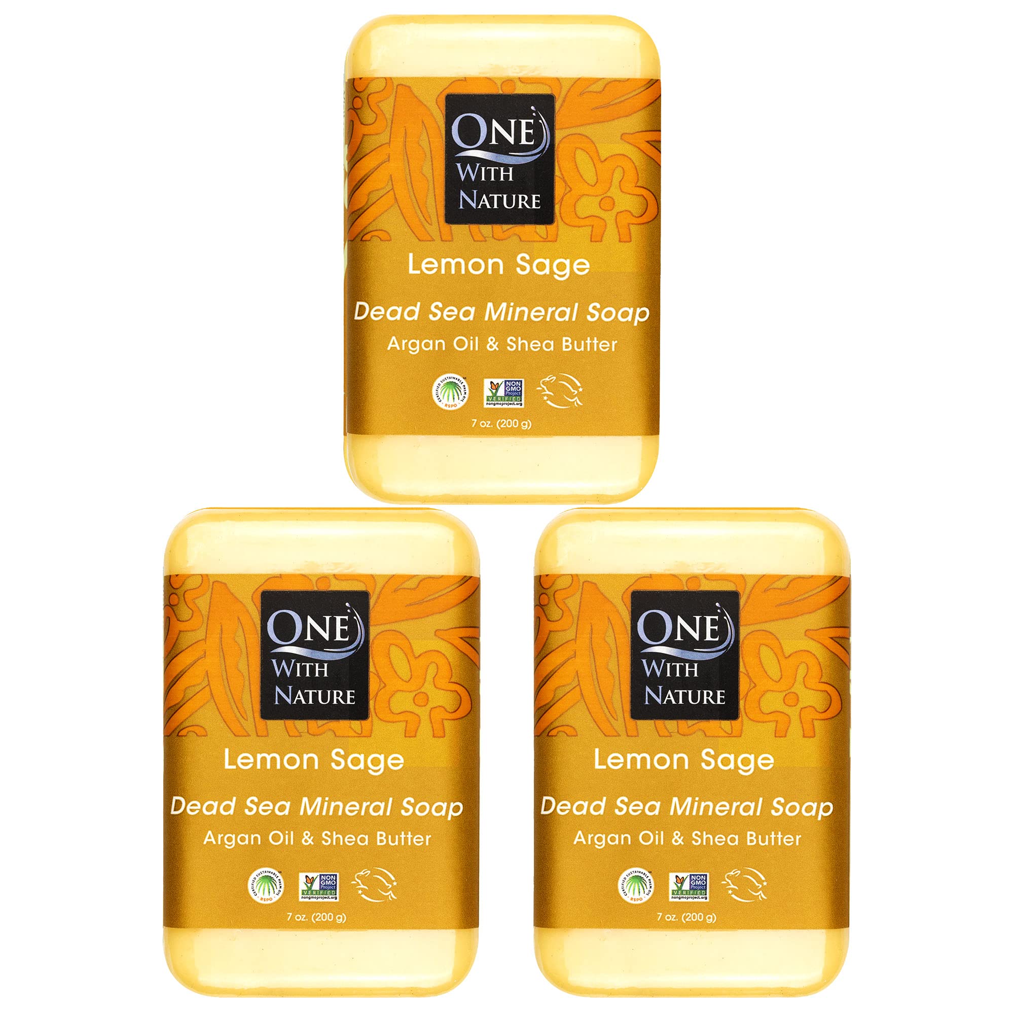 One With Nature Dead Sea Mineral Lemon Sage Bath And Body Soap Bars - 7 Oz 3 Pack Lemon Soap Bar With Dead Sea Salt, Shea Butter