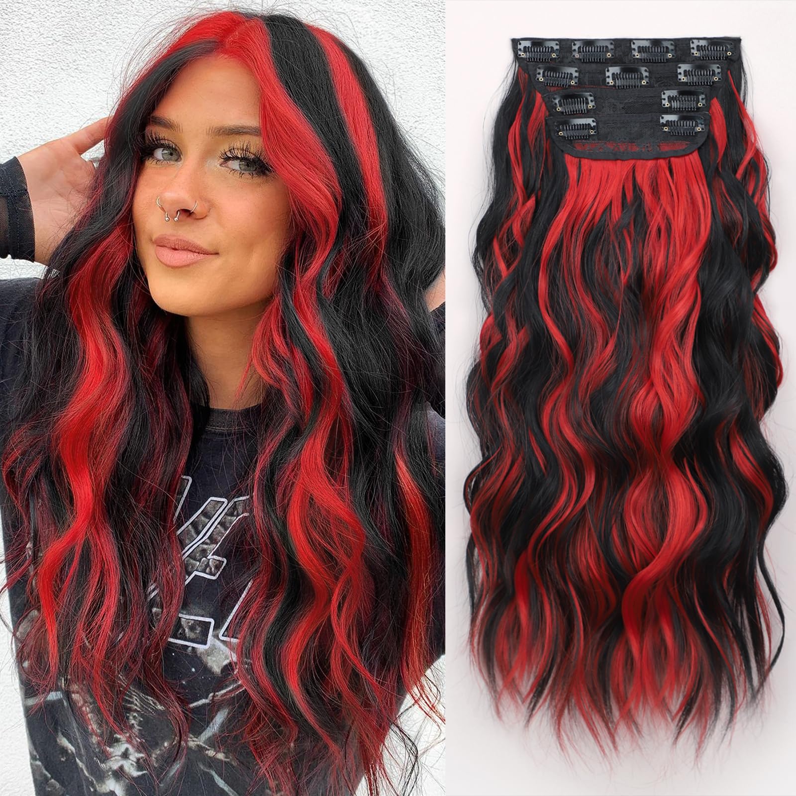 ALXNAN Clip in Long Wavy Hair Extension 20 Inch Black Red Highlights Hair Extensions 4PCS Thick Hairpieces Fiber Double Weft Hai