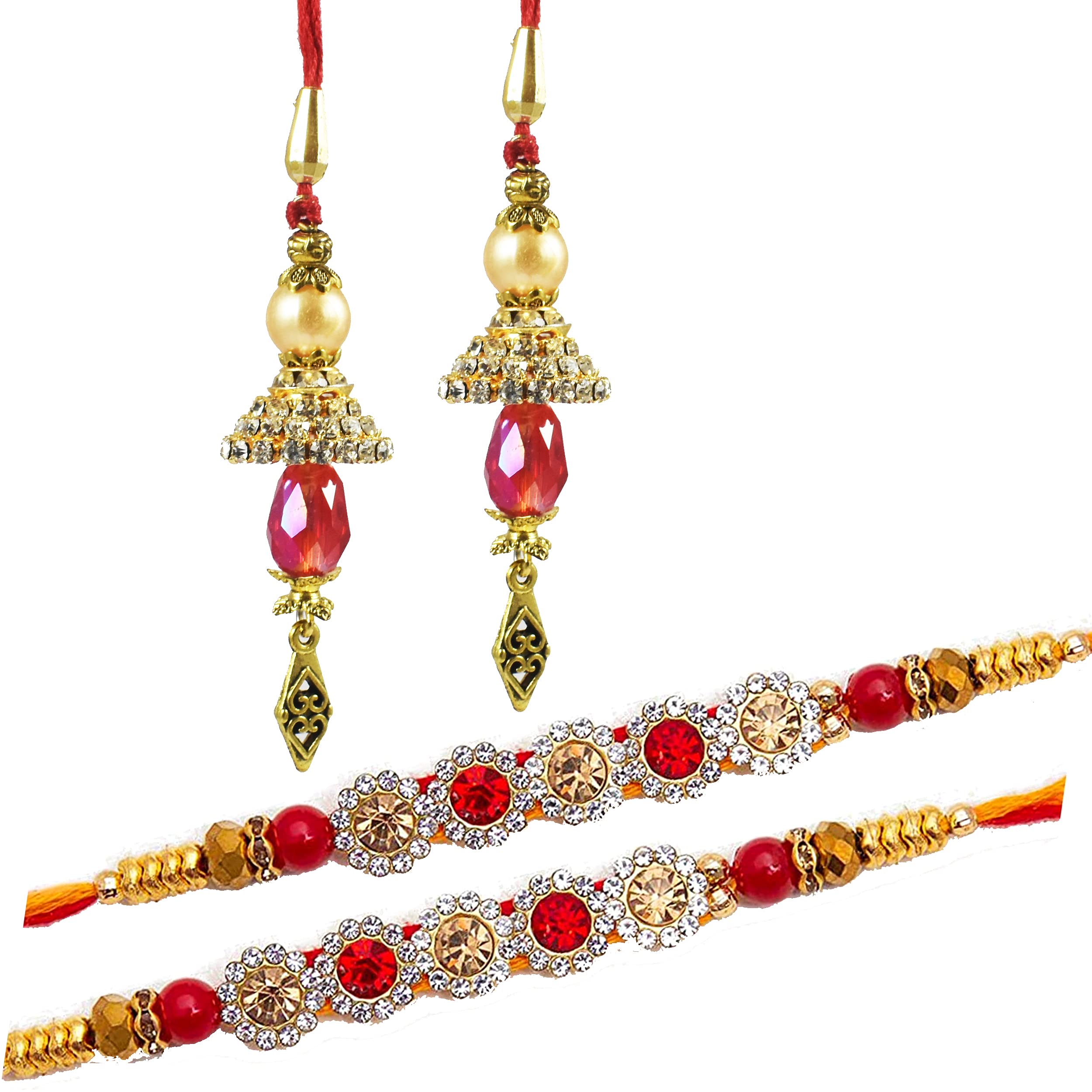 Urvi Creations 2 Pcs Red Stone Rakhi With Beautiful Diamond Bhabhi Bangle Lumba Rakhi For Brother Bhaiya Bhai Kids Rakhi Gift Fo
