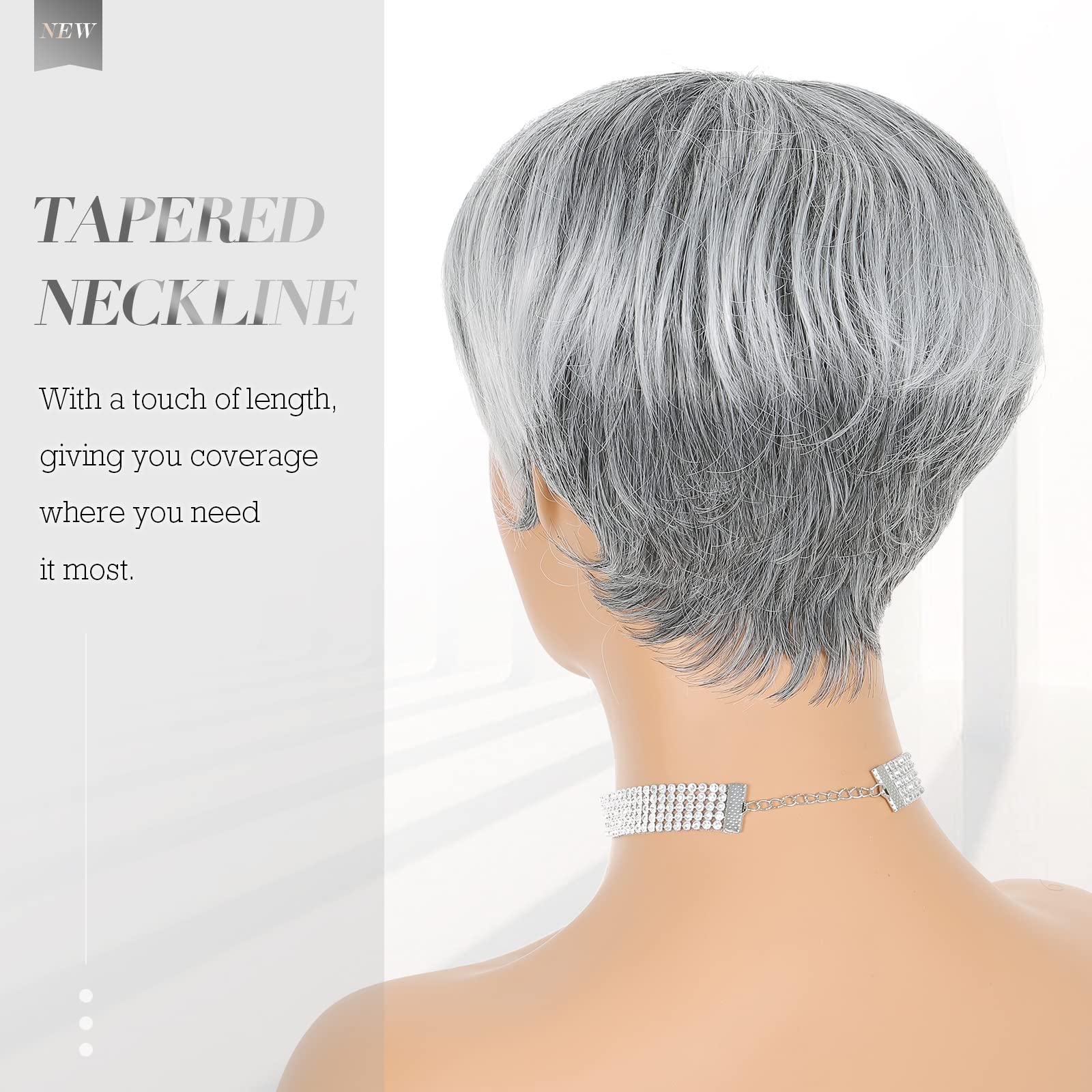 Feshfen Pixie Cut Wigs Synthetic Short Ombre Gray Pixie Haircut Wig With Bangs Glueless Layered Wig Wavy Grey To Black Wigs For