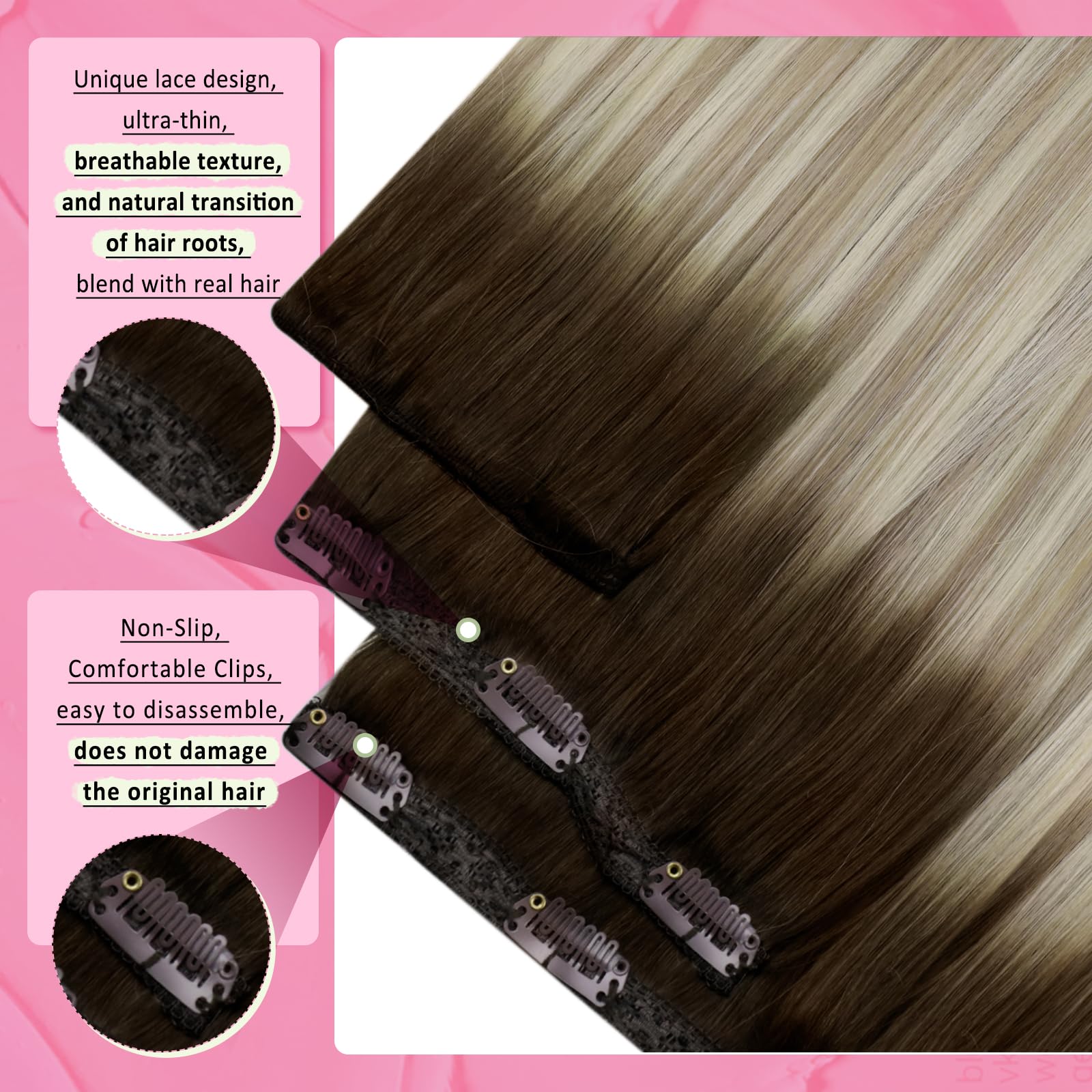 YoungSee Clip in Human Hair Extensions Ombre Remy Human Hair Extensions Clip ins Dark Brown Mix Blonde Balayage Real Extensions
