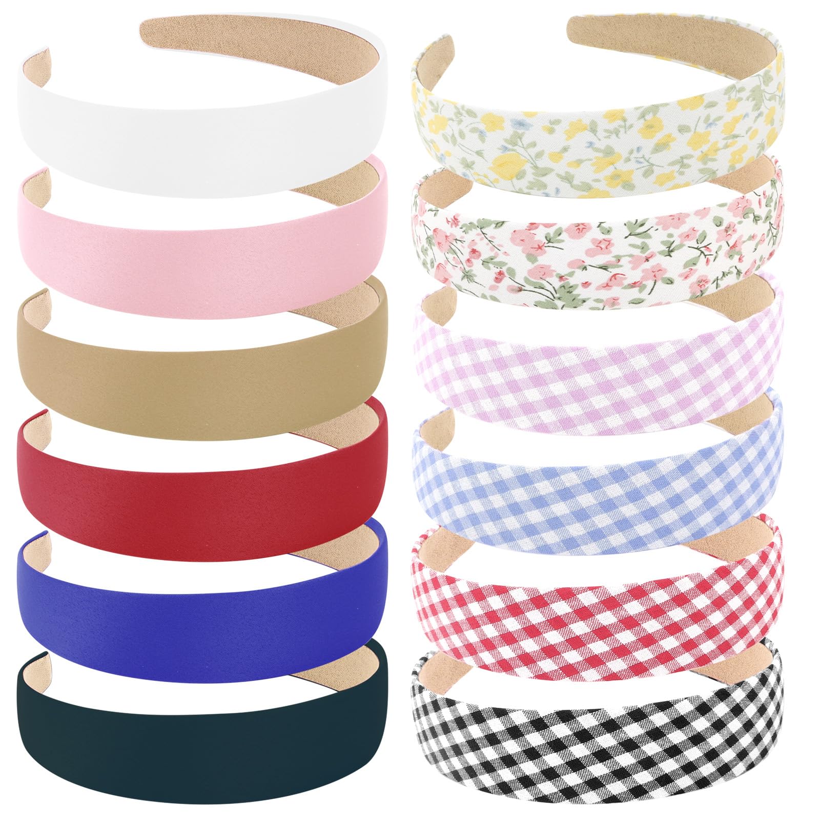 Wecoe 12pcs Headbands For Women 1.2 Inch Wide Satin Headbands Thin Fabric Cloth Headbands Cute Boho Headbands Fashion Trendy Hea