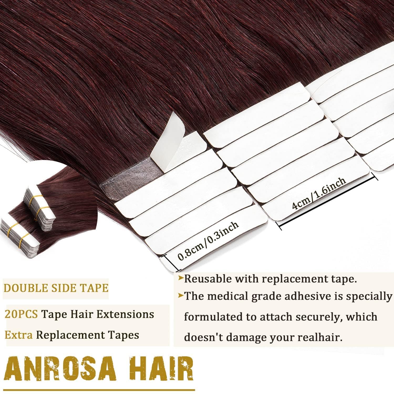 Anrosa 20 Inch Tape In Hair Extensions Human Hair Real Remy Human Hair Tape In Premium Quality Silky Hair Natural Hair Extension