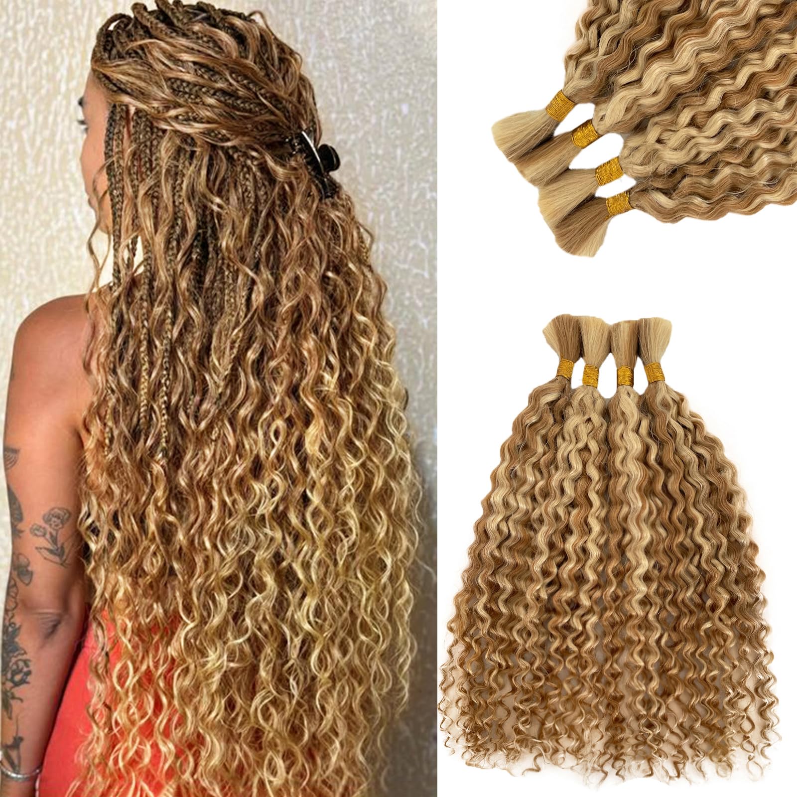 Human Braiding Hair for Micro Braiding Water Wave Ombre Blonde 613 Curly Human Hair Extensions for Boho Braids No Weft  Wet and