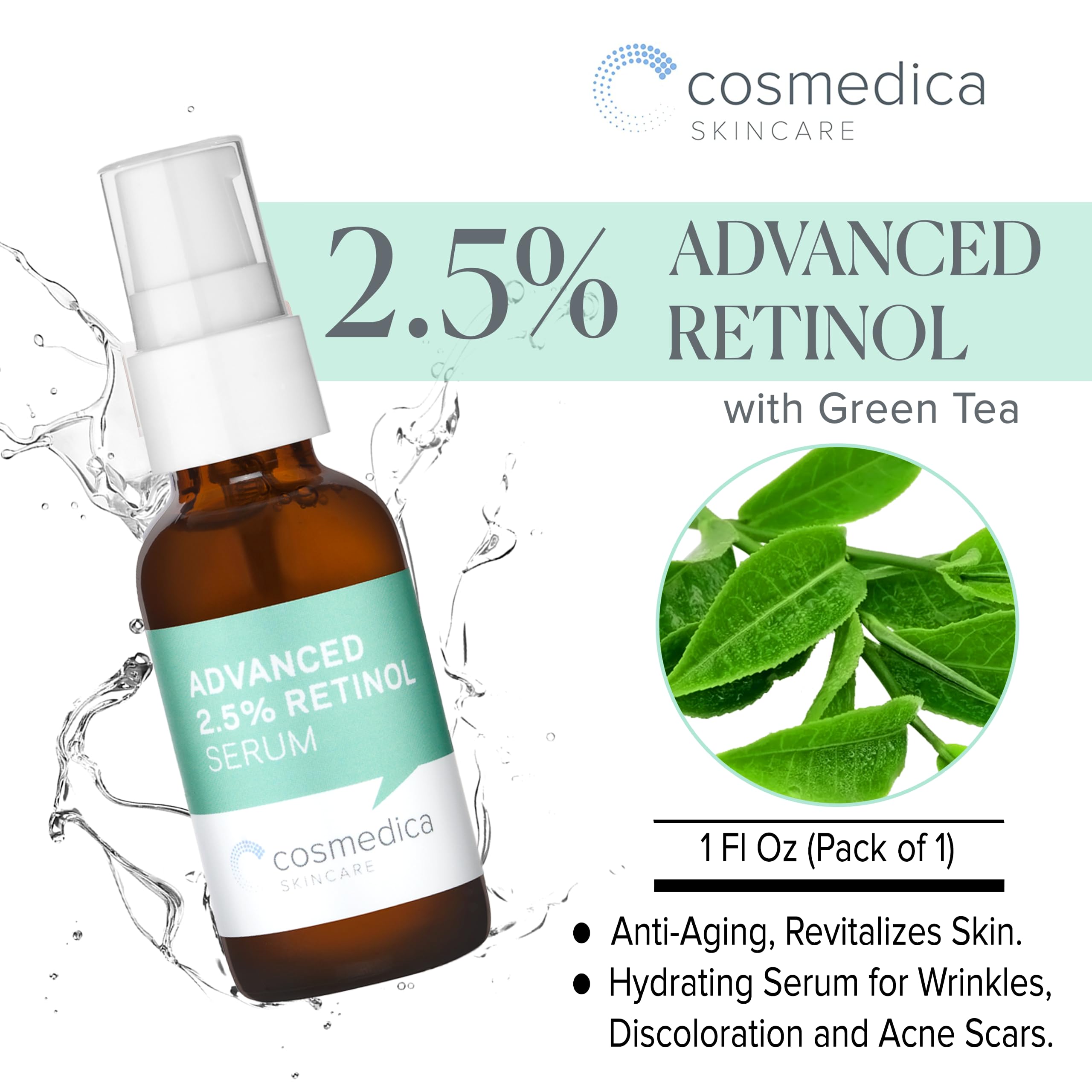 Cosmedica Skincare's Advanced 2.5% Retinol Serum w/Green Tea, Hyaluronic Acid & Vit E - Anti-Aging, Skin Revitalizing, Hydrating