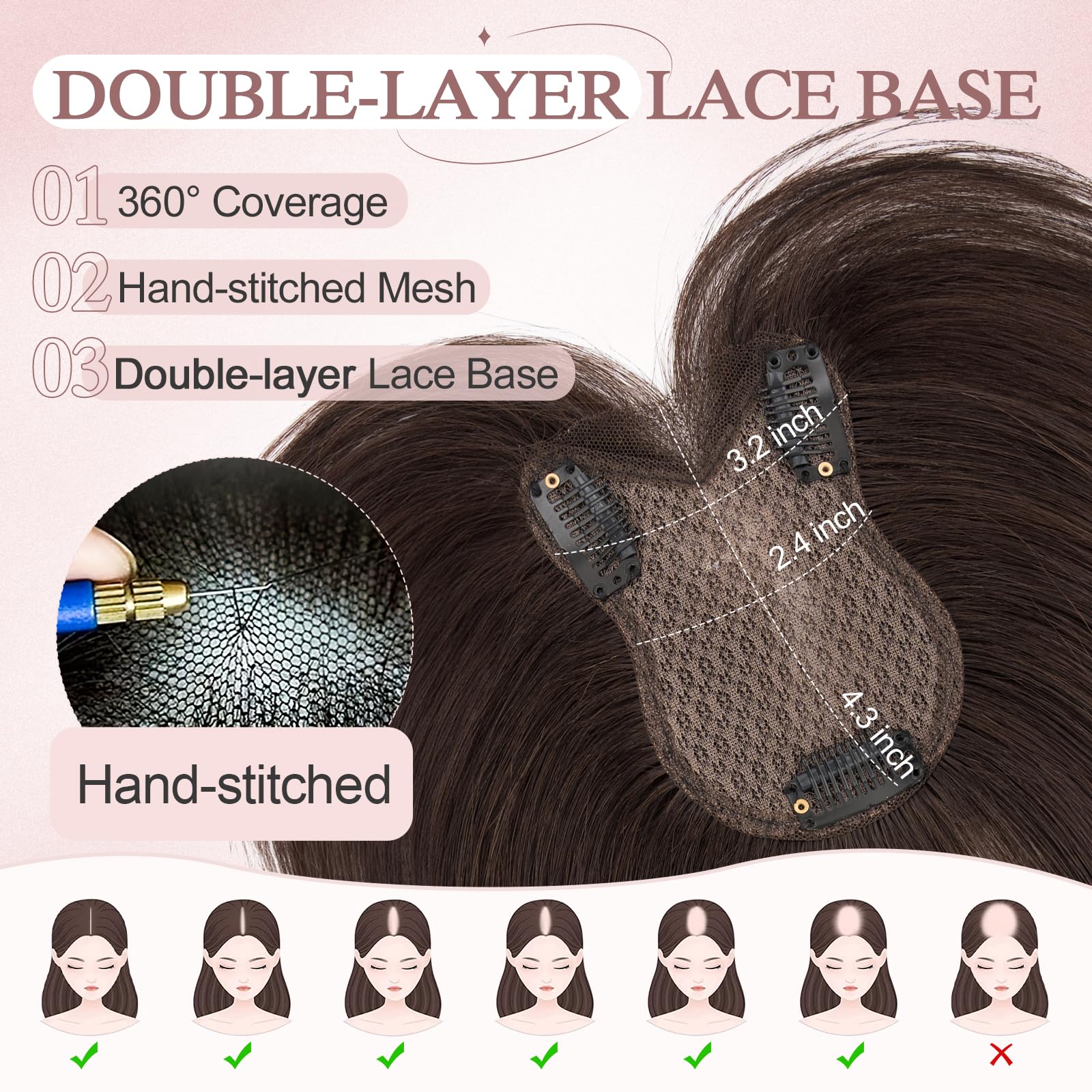 SEGO Human Hair Toppers With Bangs Double-Layer Hand-stitched Thinning Hair Toppers 3603D Coverage Hair Pieces Clip on Bangs for