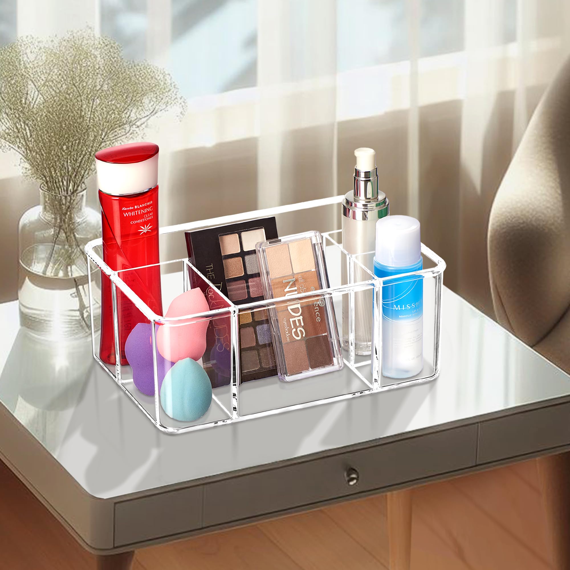 Amazing Abby - Glamour - Acrylic 5-Compartment Makeup Organizer, Transparent Plastic Beauty Supply Holder, Perfect Bathroom Vani