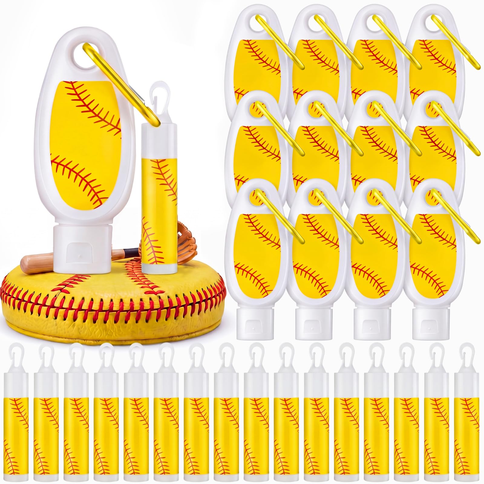 Demissle 24Pcs Softball Travel Size Mini Sunscreen and Sunscreen Lip Balm Bulk Spf Party Favors Small Sunblock with Carabiner Pa