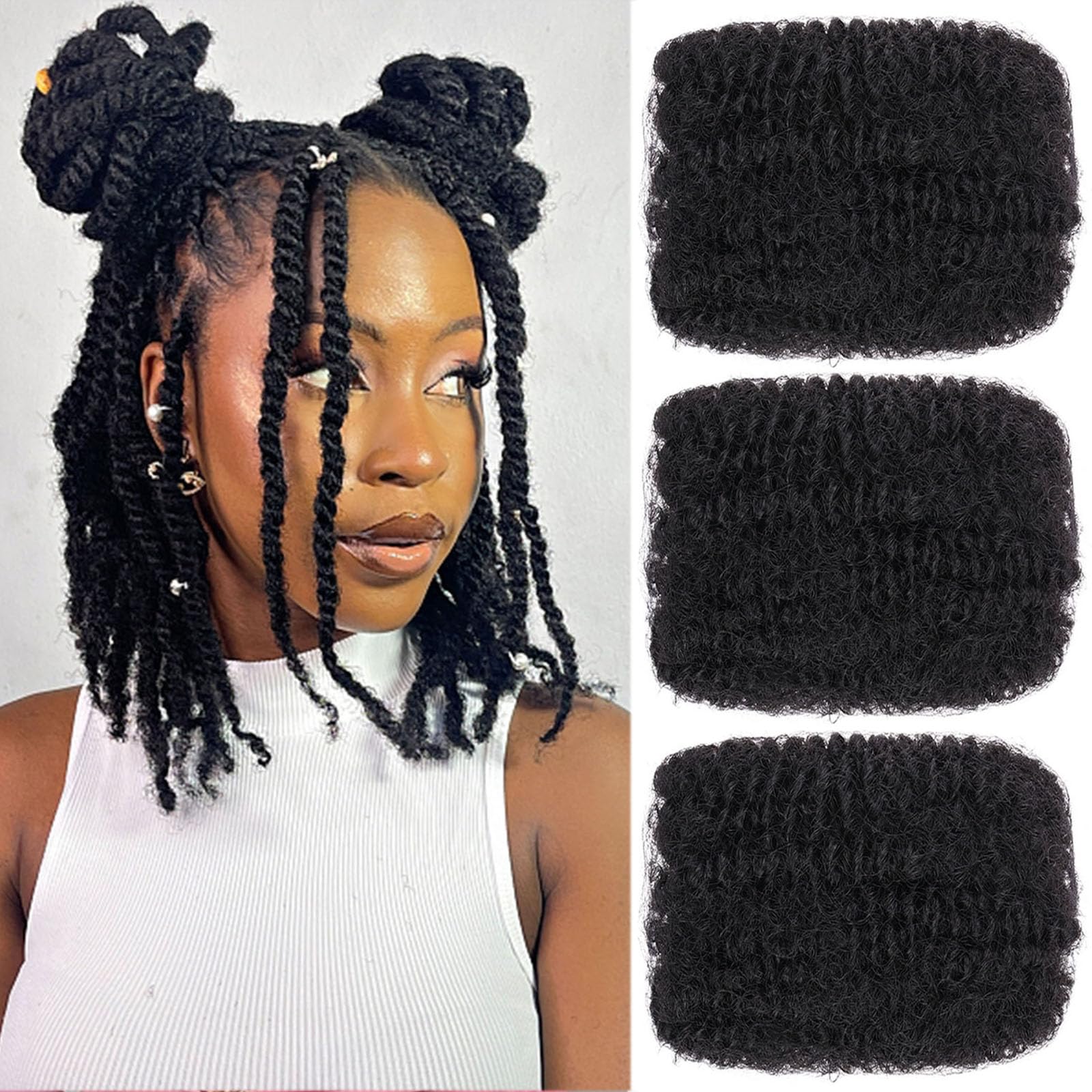 Unionbeauty 16 Inch 3 Packs Afro Kinkys Bulk Hair for Micro Twist Natural Black Synthetic Afro Kinky Curly Braiding Hair for Loc