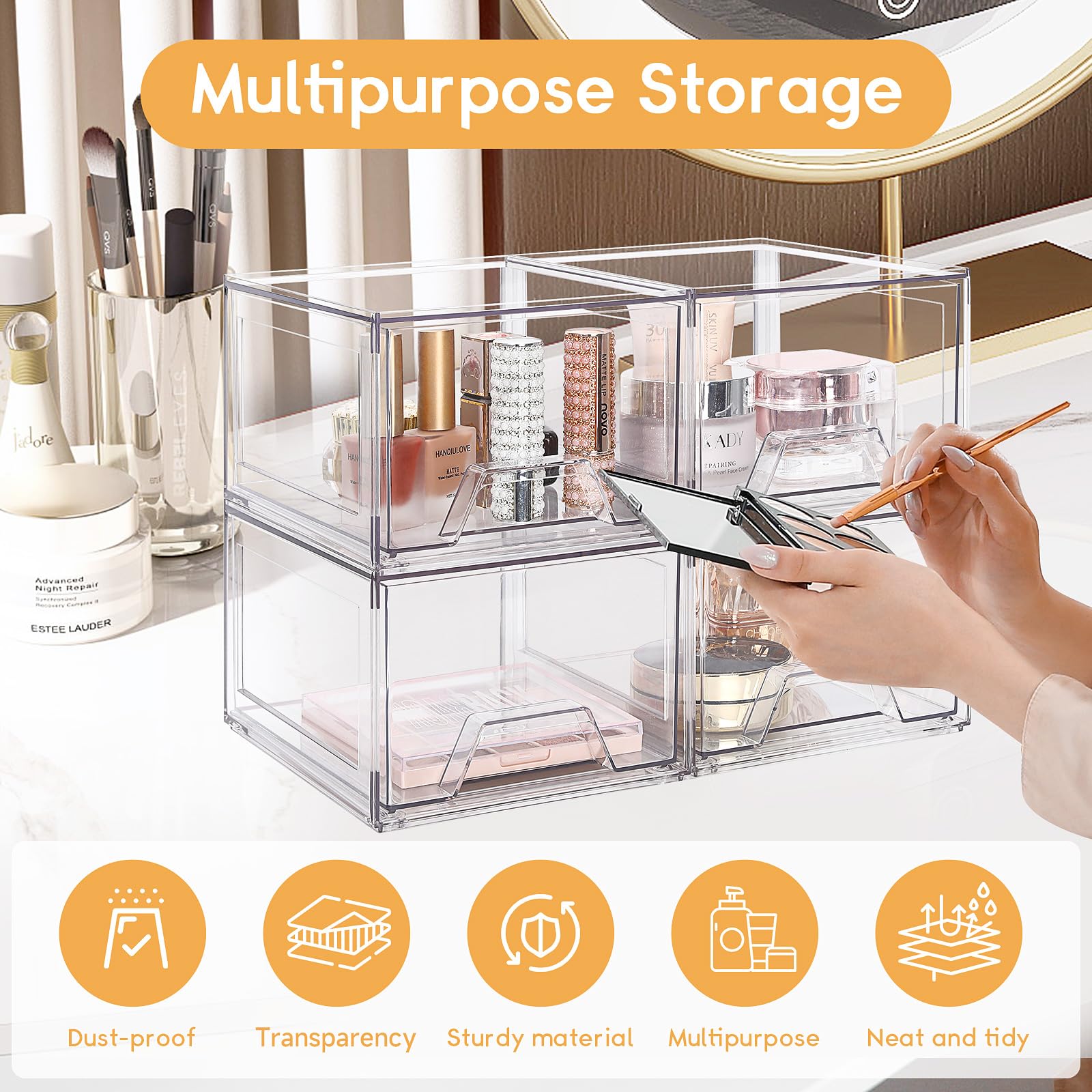 Amaoot 4 Pack Stackable Makeup Organizer, Acrylic Bathroom Organizer And Storage Drawers, Clear Plastic Drawer Storage Bins For