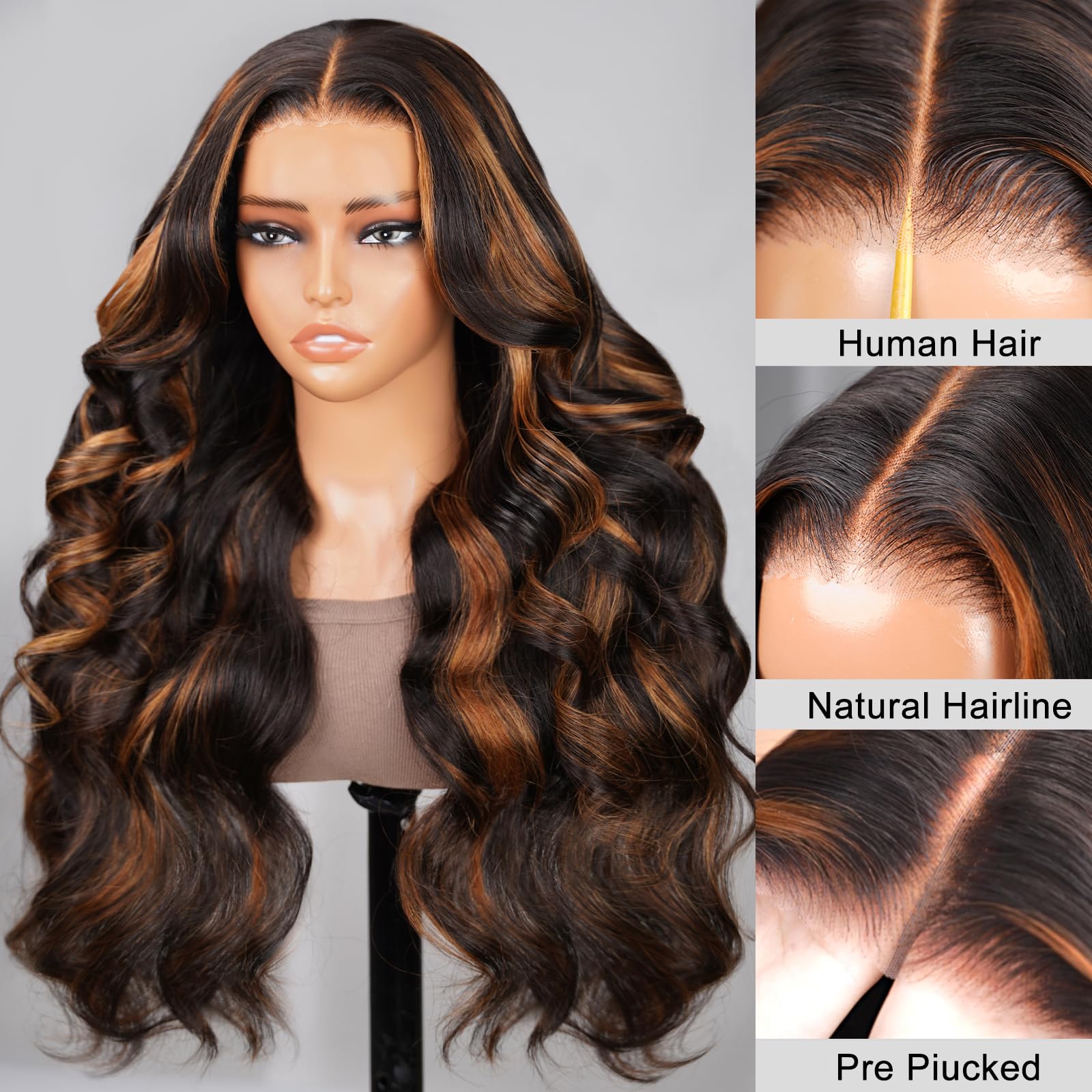 Arabella 13X4 Glueless Lace Front Wigs Human Hair 210% Density Real Pre Bleached Tiny Knots 1B/30 Highlight Ombre Lace Front Wig