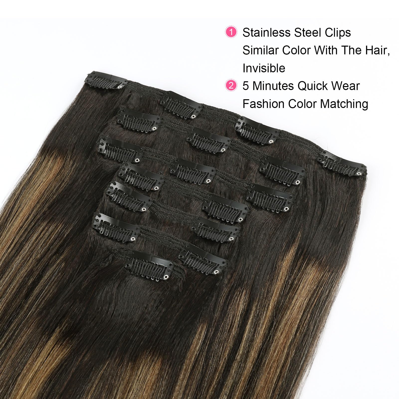 Abh Amazingbeauty Hair Yaki Straight Clip Ins Human Hair Rooted Black Piano Natural Black #1B Mixed With Caramel Blonde #27 Two