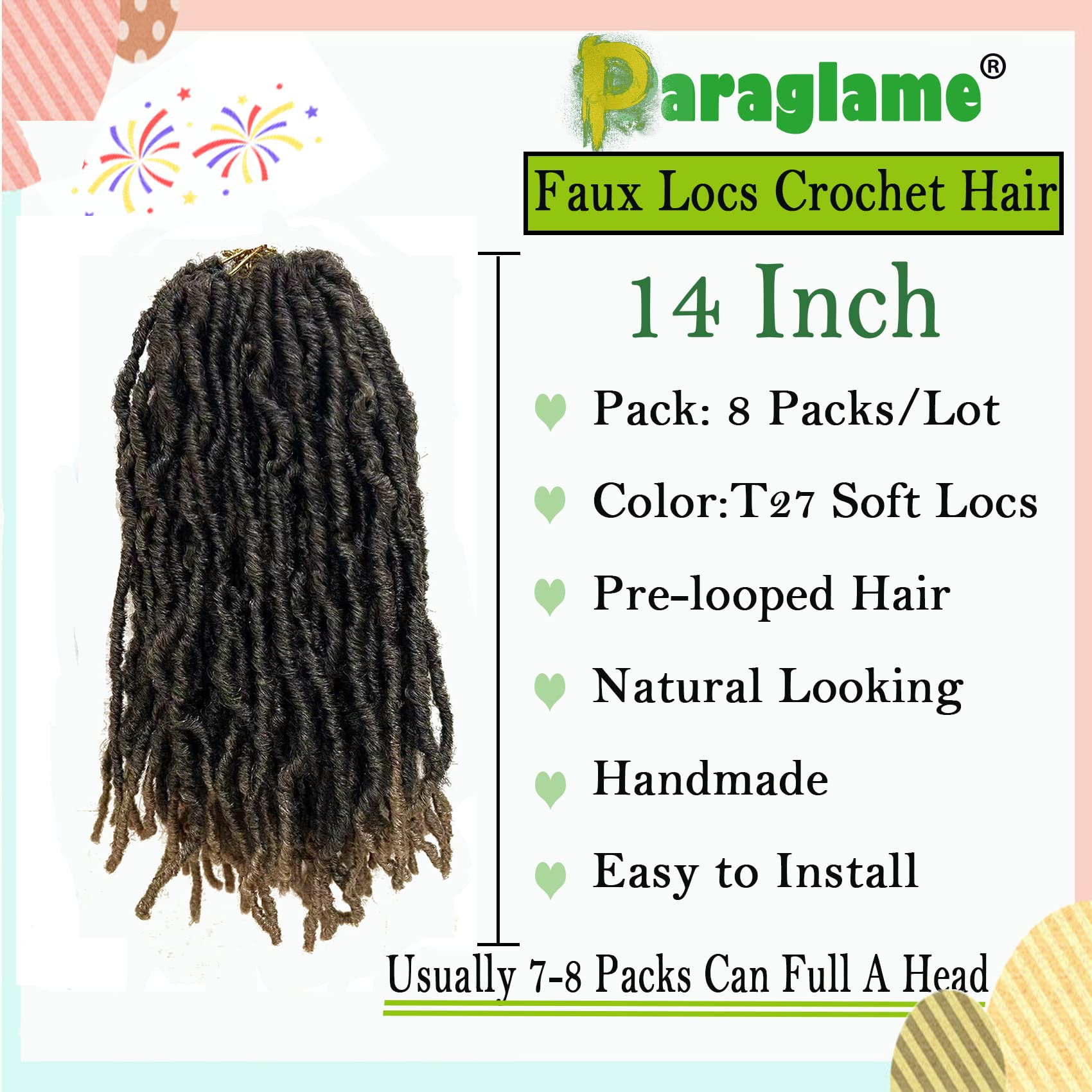 Paraglame Faux Locs Crochet Hair 14 Inch 8 Packs Soft Locs Pre-Looped Crochet Hair, New Soft Faux Locs Curly Hair Extension, God