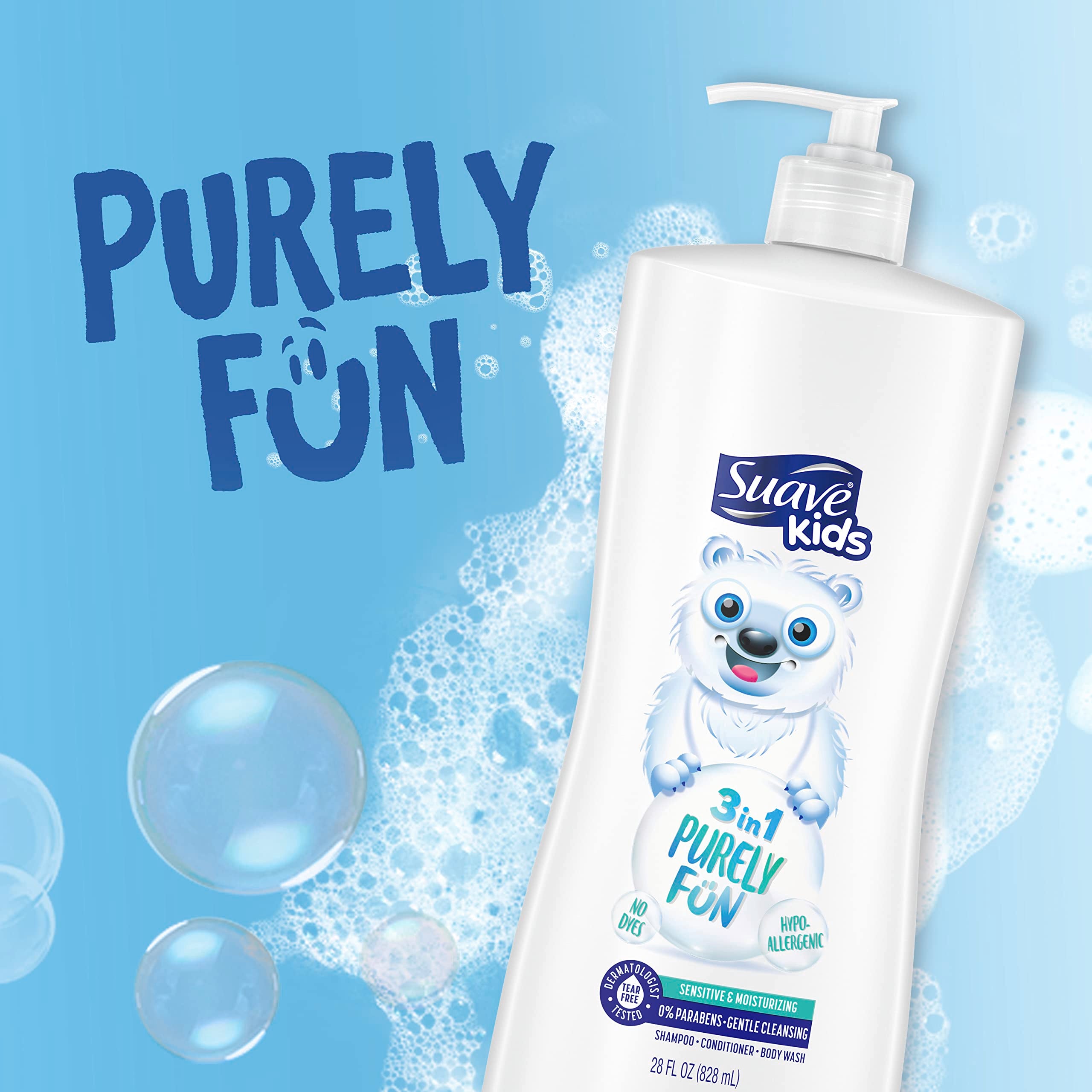 Suave Kids 3-In-1 Shampoo Conditioner Body Wash Purely Fun Makes Bath Time Quick And Easy, Paraben Free And Dermatologist Tested