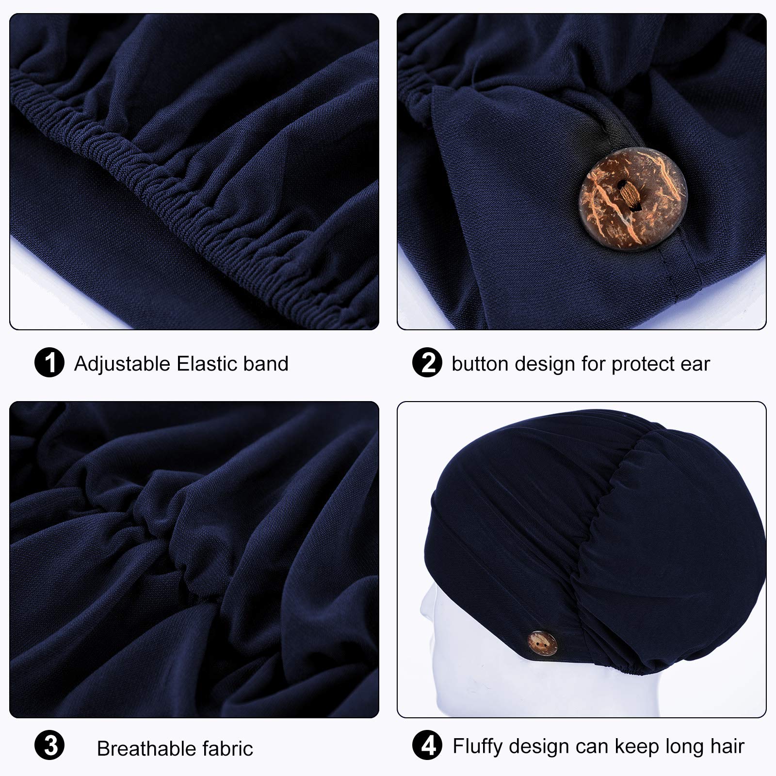 Geyoga 3 Pieces Bouffant Caps With Buttons Unisex Stretchy Headband Turban With Buttons For Women (Navy Blue)