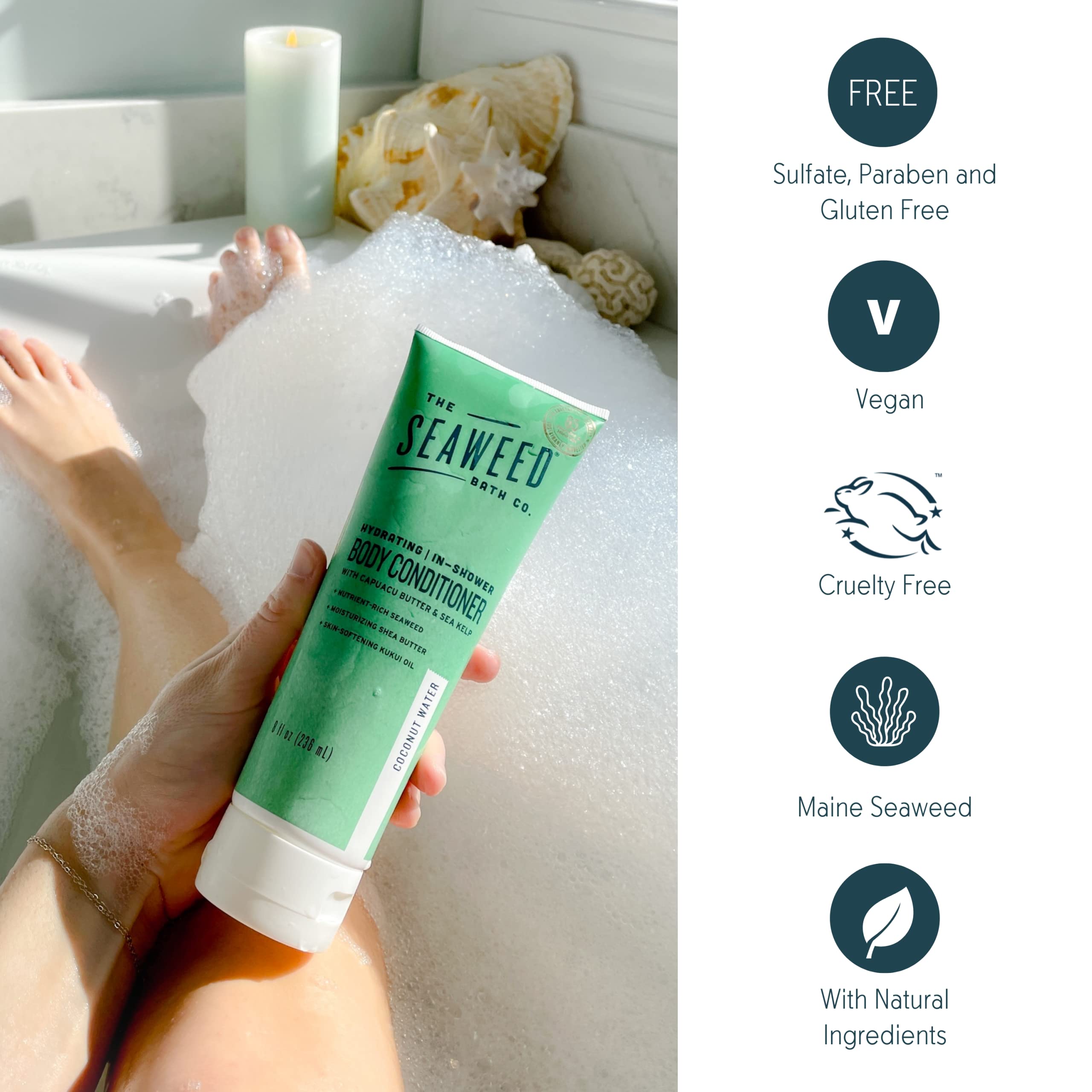The Seaweed Bath Co. Hydrating In-Shower Body Conditioner, 8 Ounce, Coconut Water Scent, With Natural Bladderwrack Seaweed, Vega