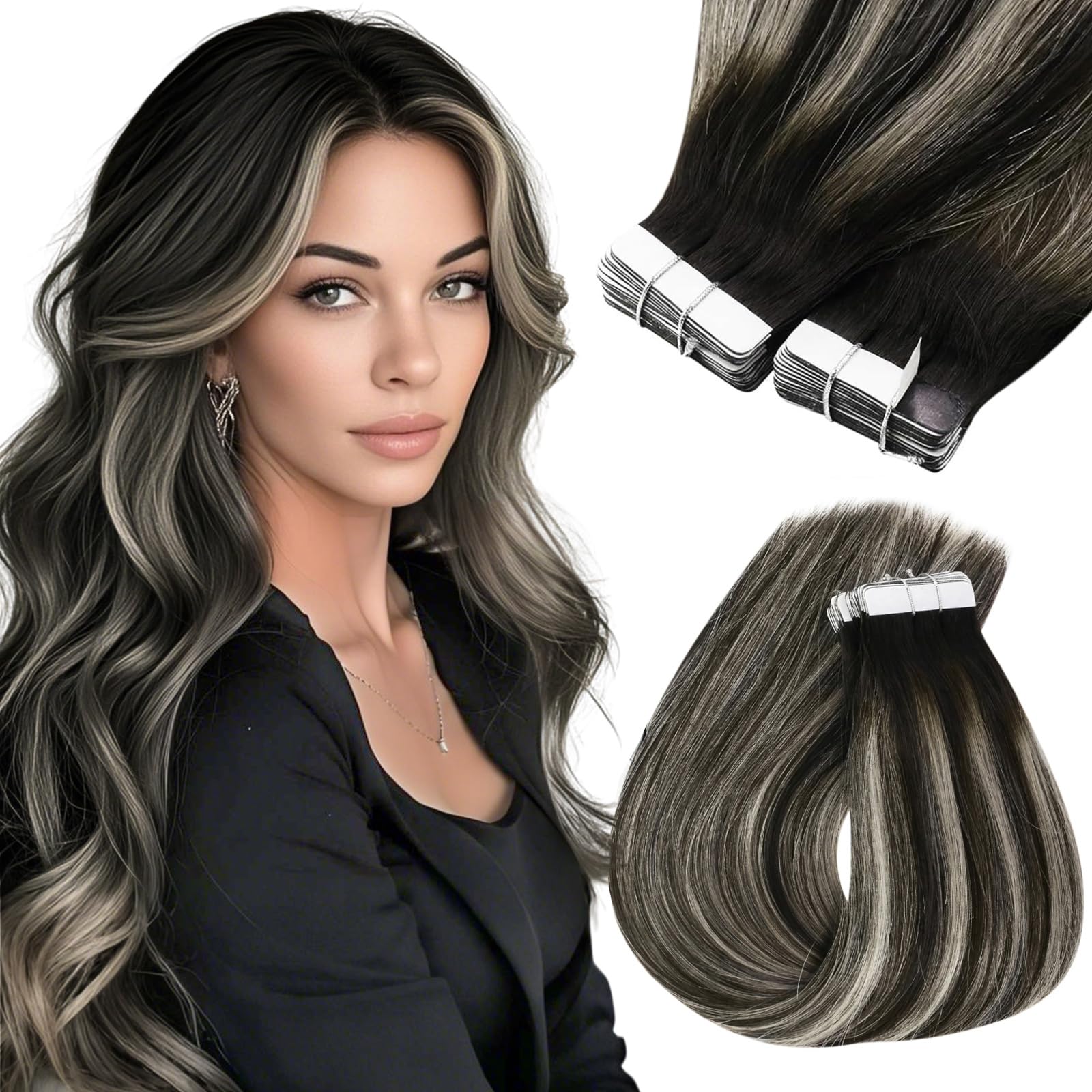 Sunny Hair Tape in Hair Extensions Real Human Hair Invisible Remy Hair Extensions Tape ins for Women Natural Black Roots to Silv