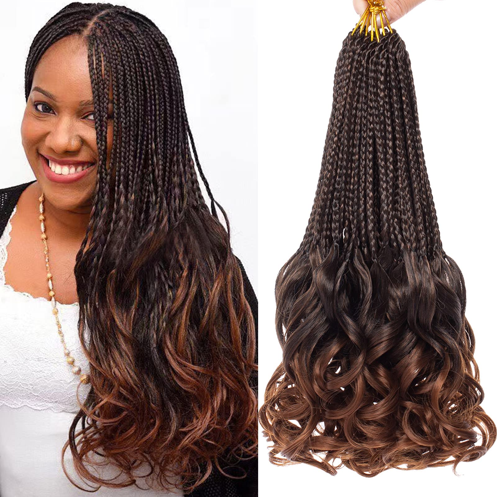 COOKOO 9 PCS French Curly Crochet Braids 14 Inch Pre Looped Ombre Brown Goddess Box Braids Crochet Hair with Curls At The End Bo