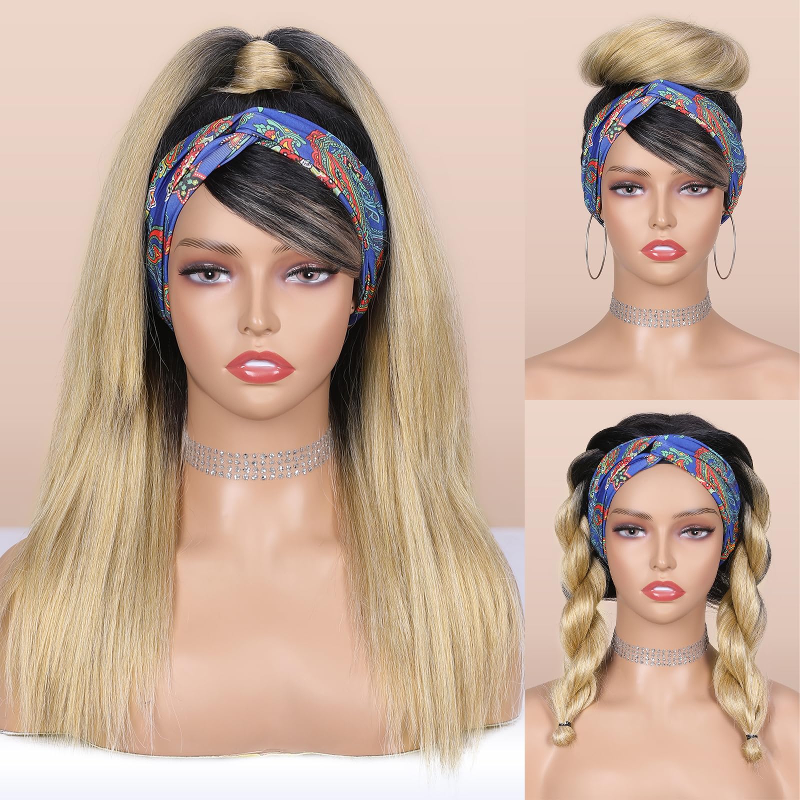 WIGNEE Blonde Kinky Straight Headband Wig for Women 18 Inches Yaki Straight Wigs with Black Headband Kinky Straight Wigs for Bla