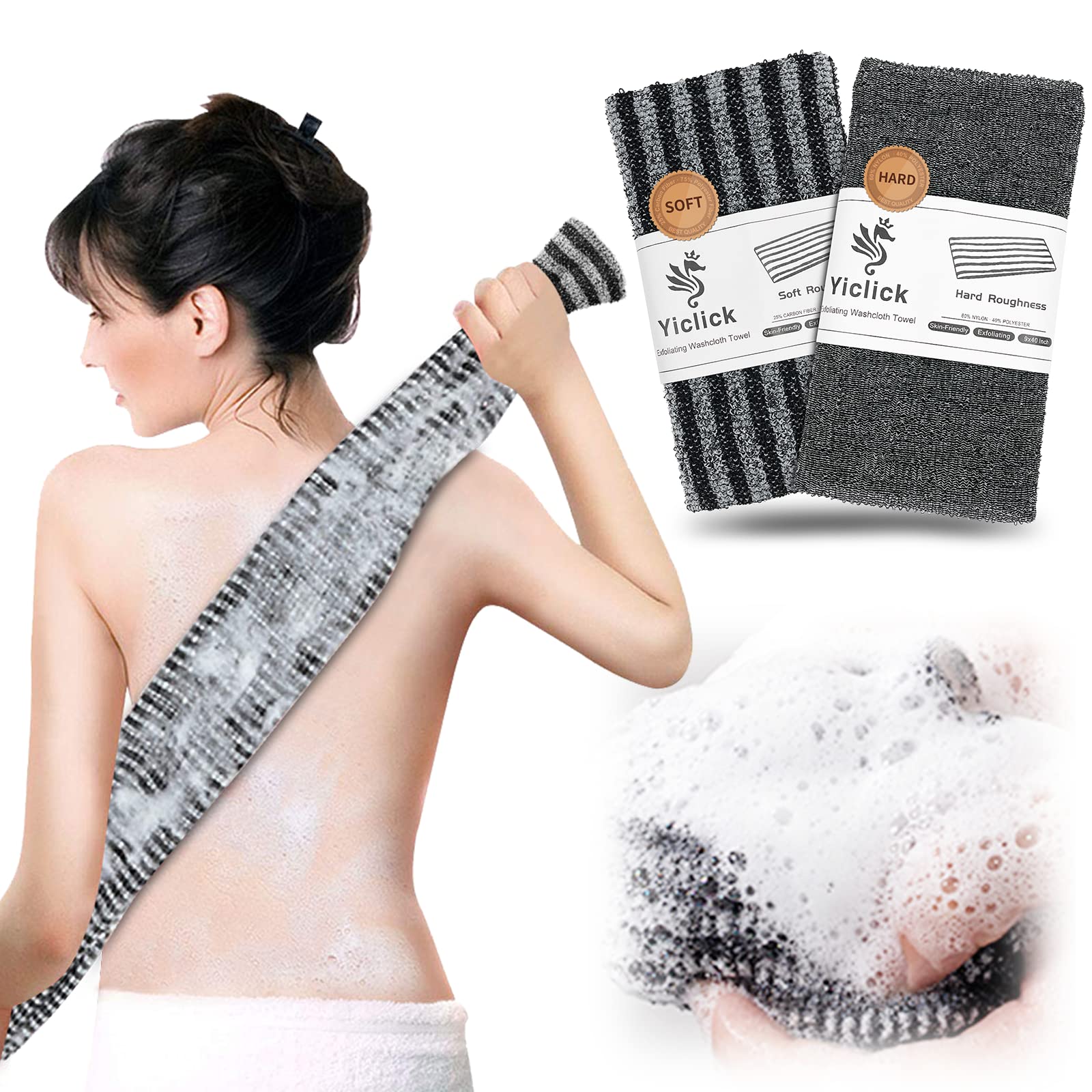 Yiclick 2 Pack Exfoliating Washcloth Towel - Exfoliating Body Scrubber Exfoliator, Loofah Sponge Wash Cloth, Korean & Japanse &