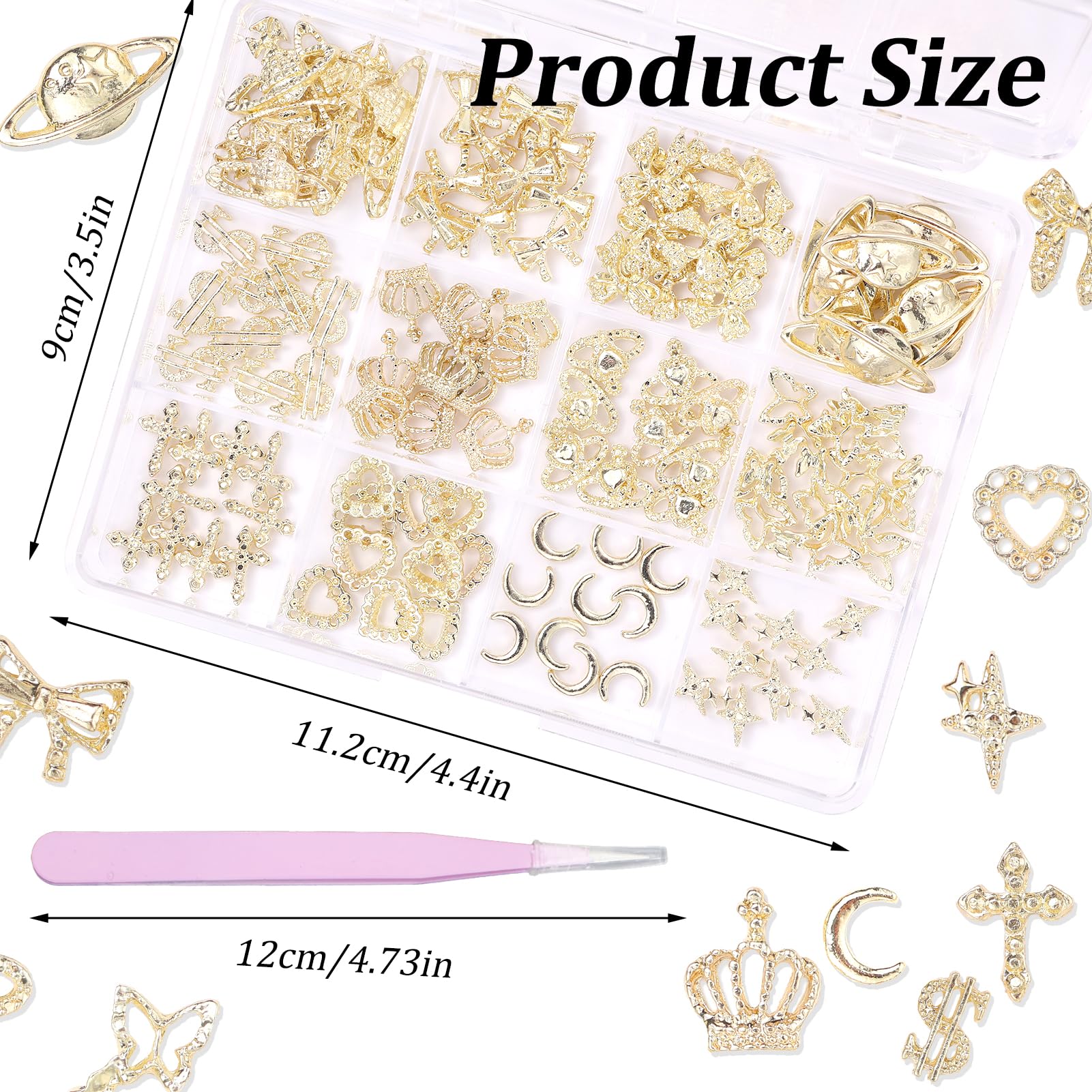 120 Pcs 12Styles 3D Gold Alloy Nail Charms Kit, Dollar Crown Butterfly Metal Nail Charms, Shiny Bows Planet Cross Heart Nail Cha