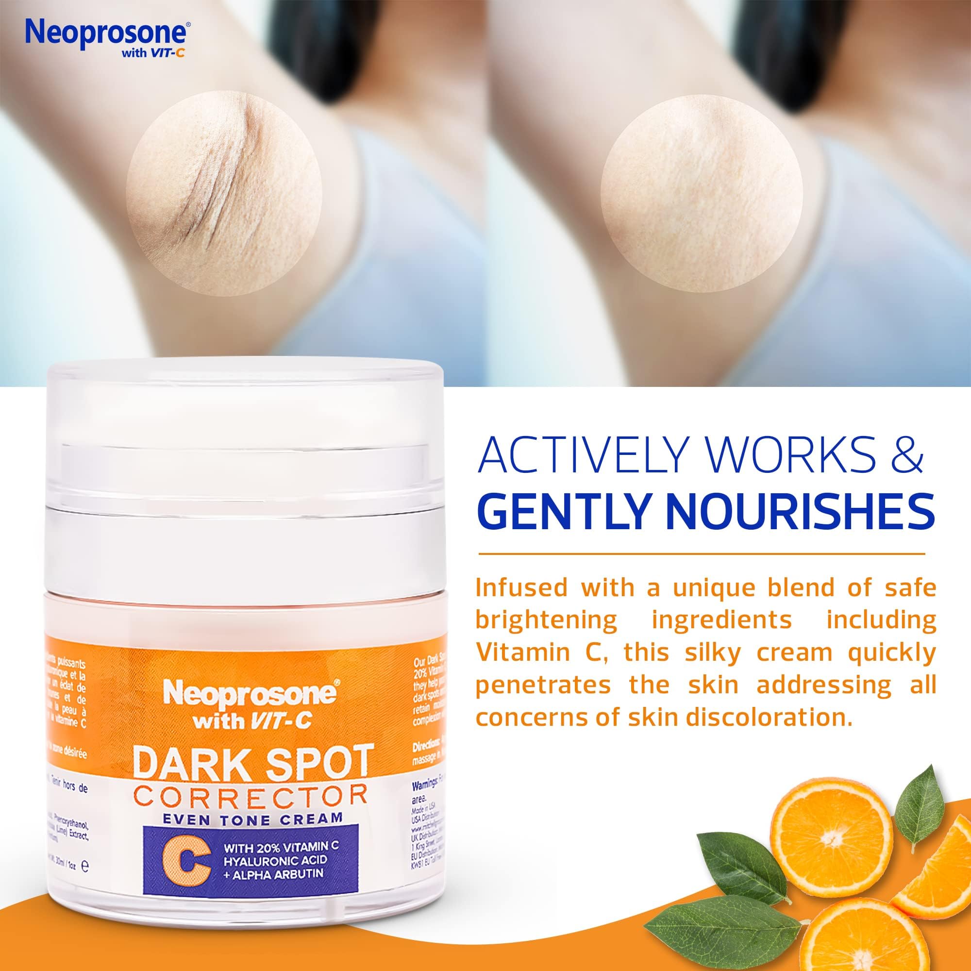 Neoprosone 20% Vitamin C Dark Spot Corrector Cream - 1 Fl Oz / 30Ml - Skin Brightening Gel Cream - With Hyaluronic Acid, Vitamin