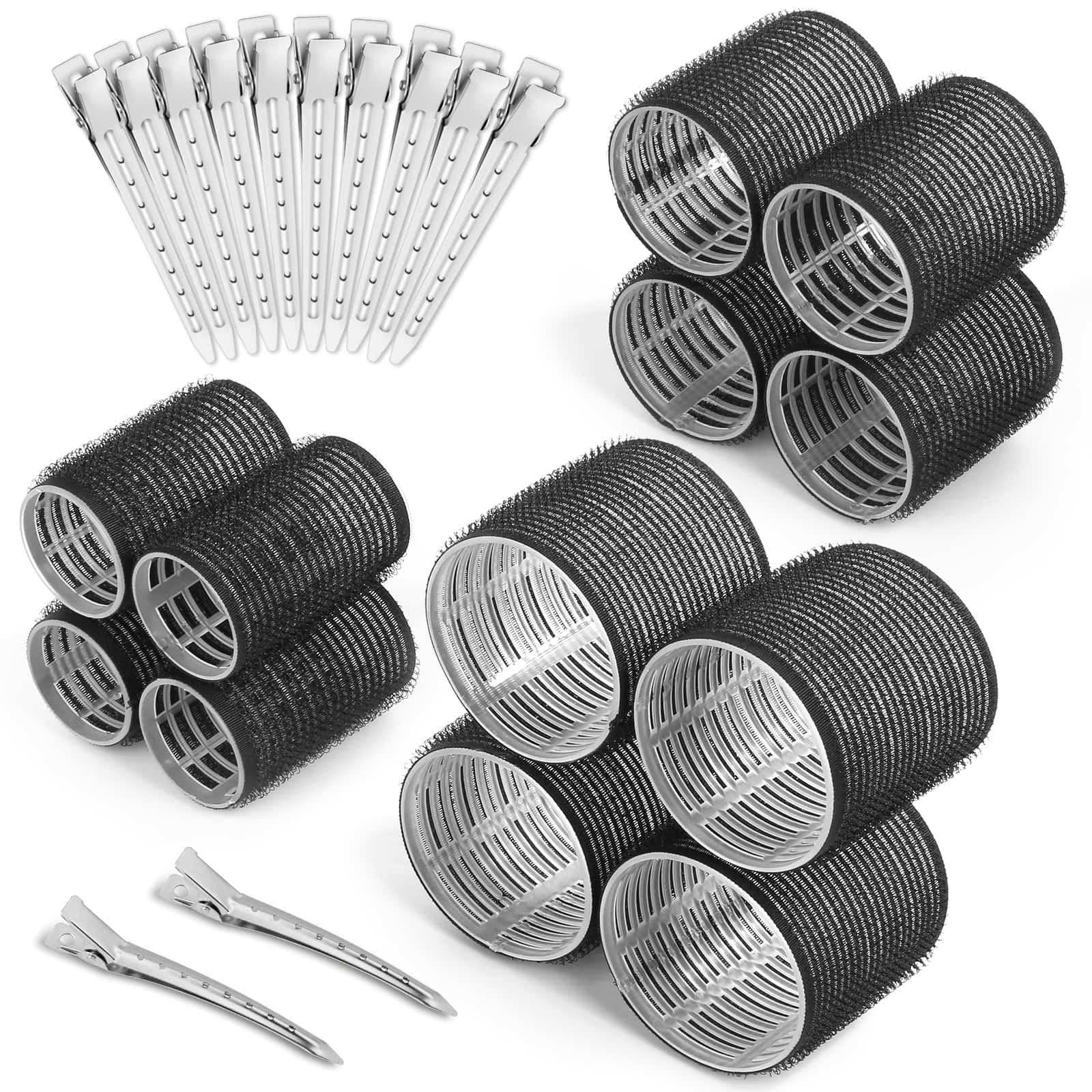 Self Grip Hair Rollers Curlers 24 Pcs Set with 12Pcs Hair Rollers 3 Sizes (4 Jumbo, 4 Large & 4 Medium) and 12 Pcs Hair Clips fo