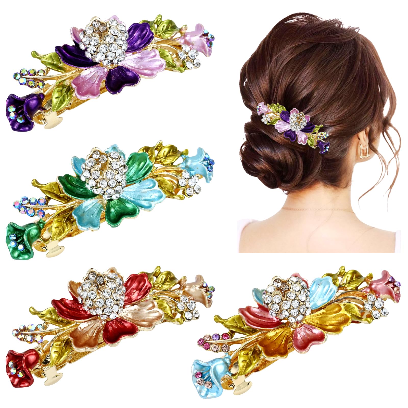 inSowni 4 Pieces Vintage Gold Metal Sparkly Rhinestone Flower French Hair Barrettes Floral Snap Hair Clips Clasps Accessories fo