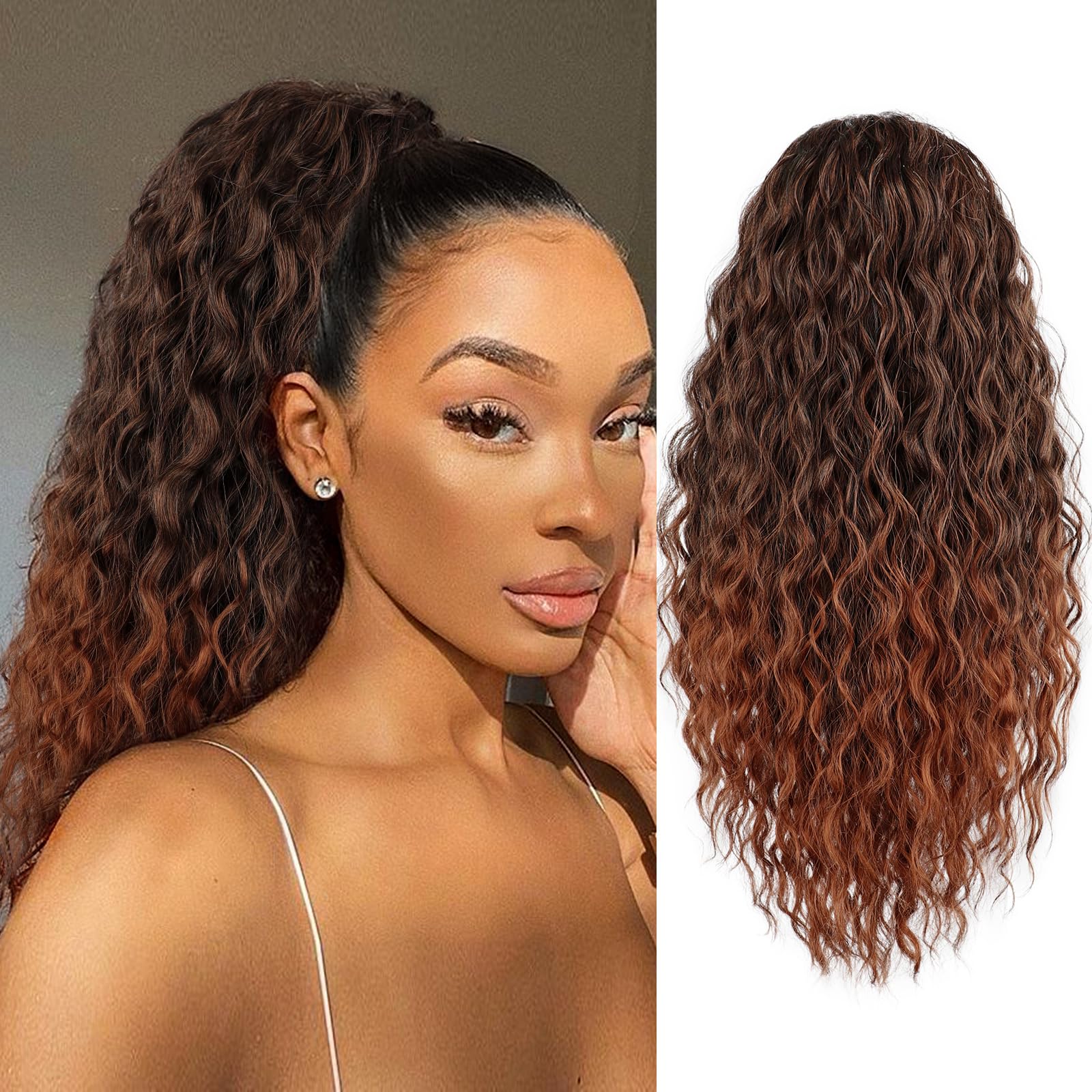 FREEMEIGE Ponytail Extension for Black Women Drawstring Ponytail Long Curly Wavy Ponytail 20Inch Synthetic Clip in Ponytail Hair