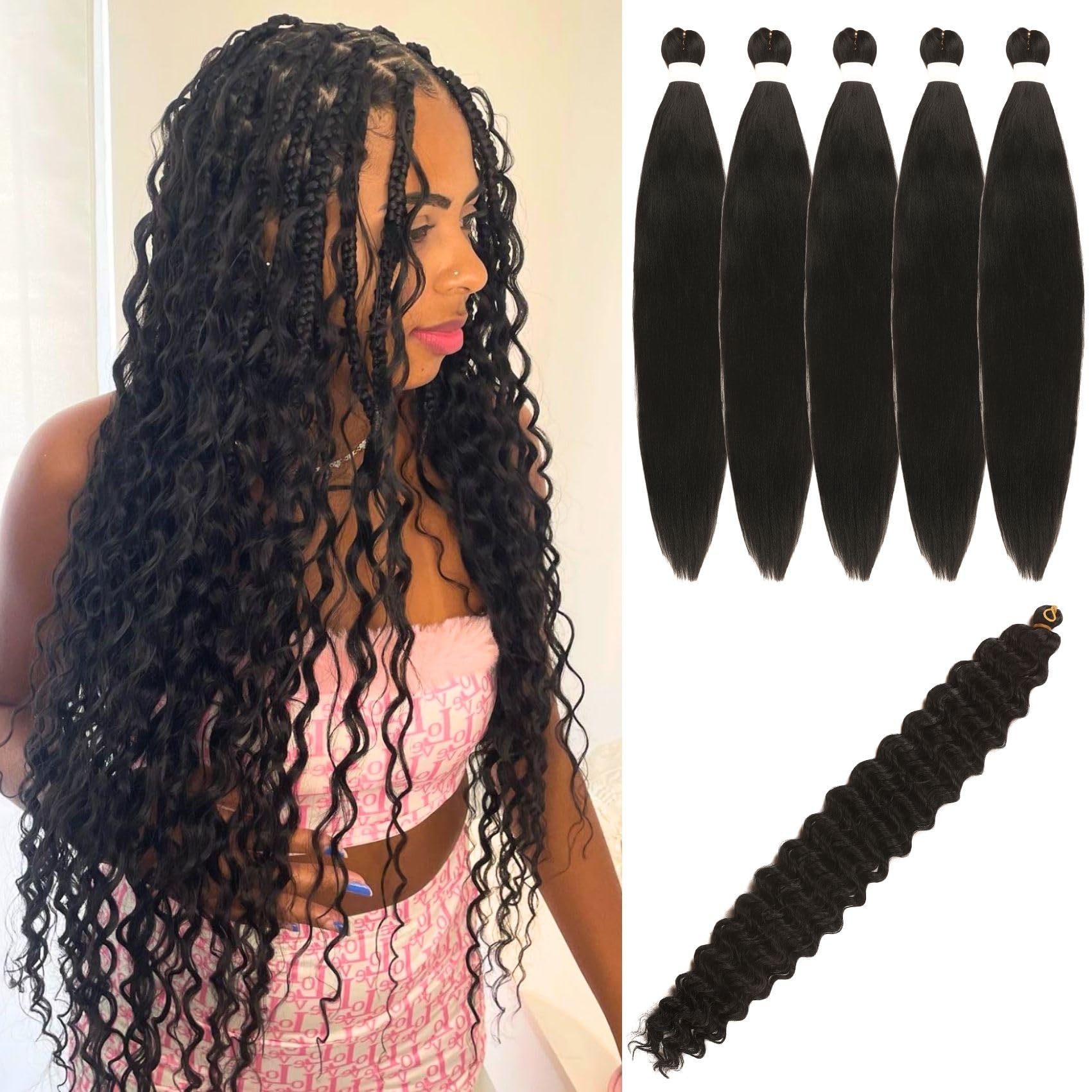 Gozill Black Braiding Hair Pre Stretched Kanekalon Braiding Hair for Boho Braids(6 Pakcs)