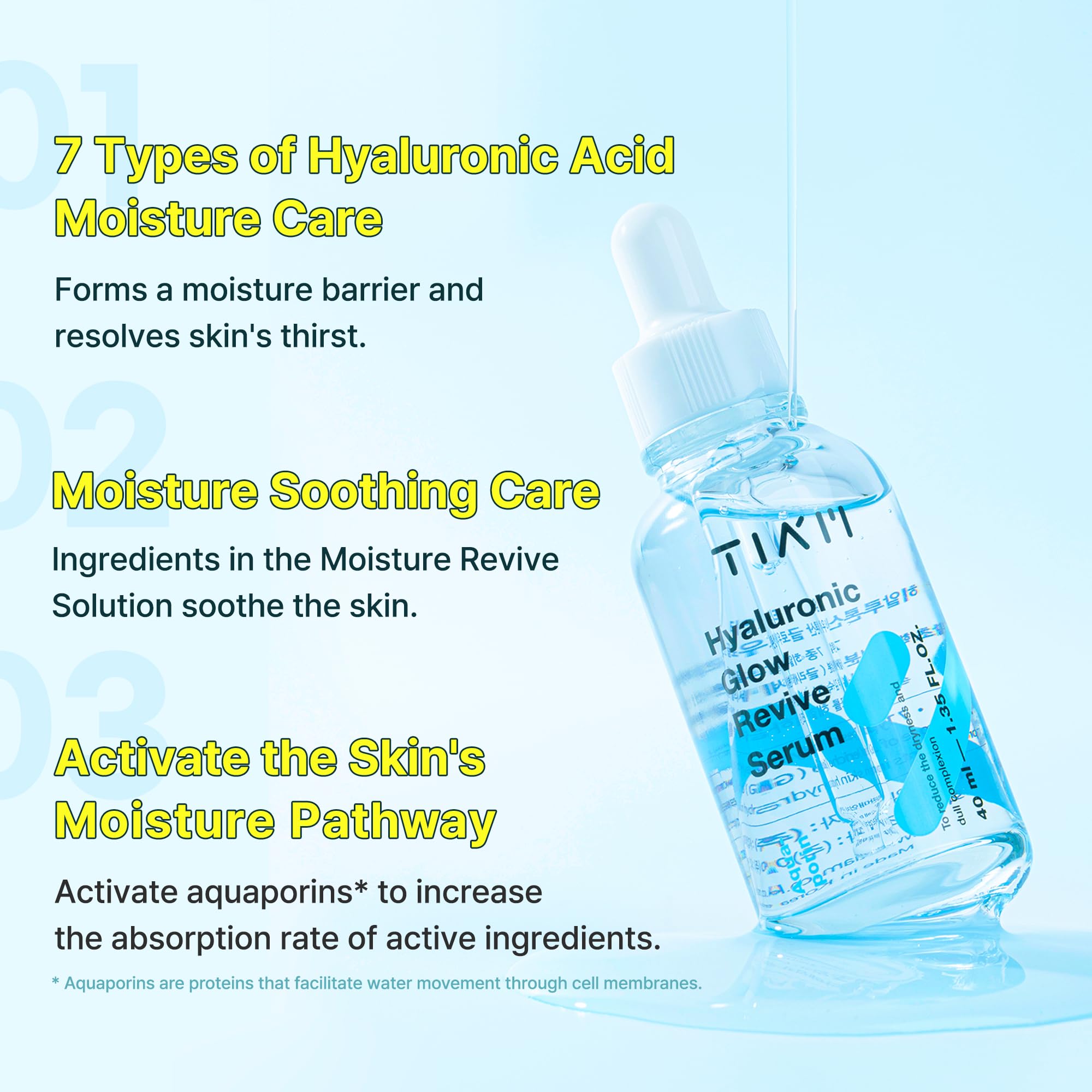 TIAM Hyaluronic Glow Revive Serum, 1.35 fl oz, Lightweight & Non-Sticky Face Serum for Deep Hydration and Calming, Ideal for Dry