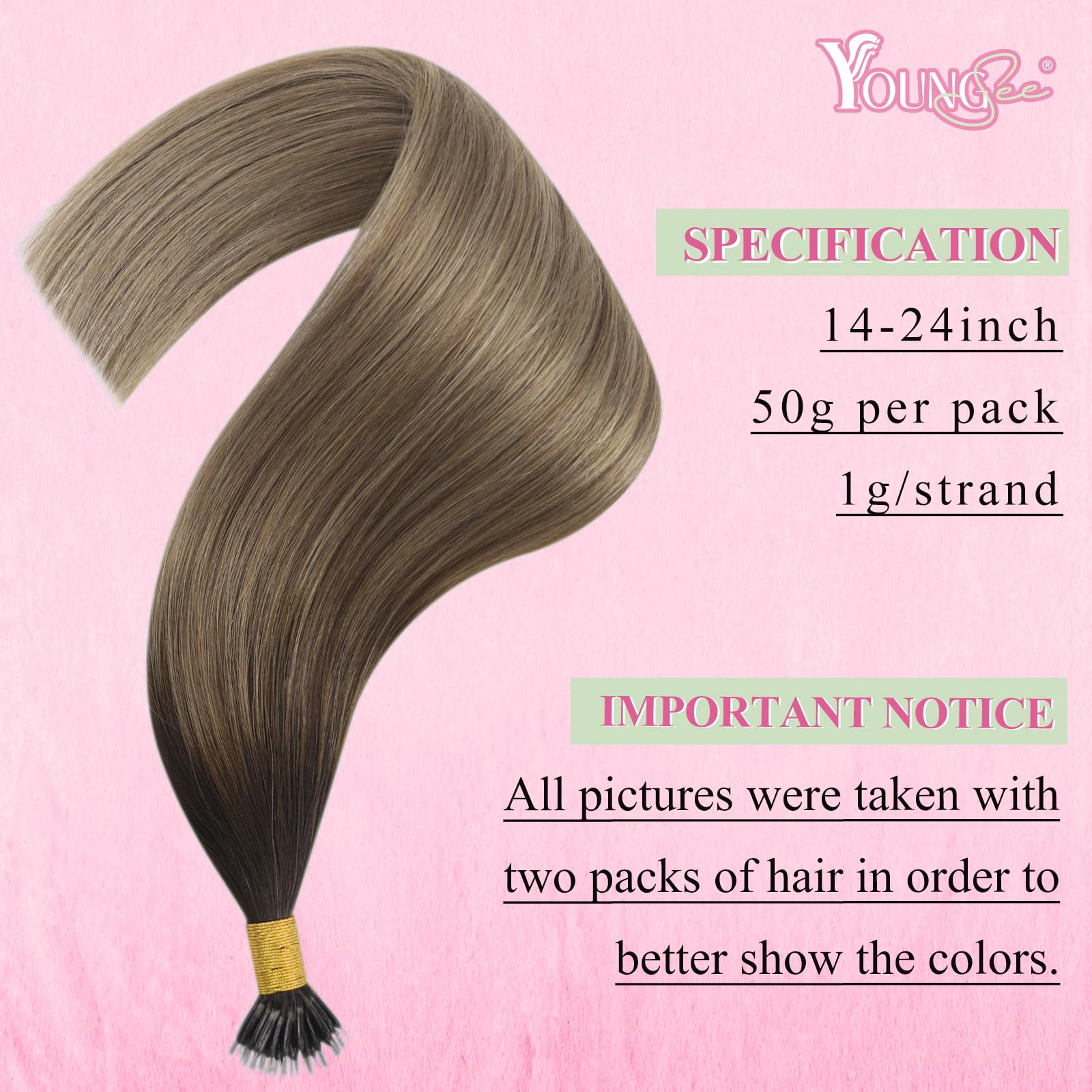 YoungSee Remy Ring Hair Extensions Balayage Dark Brown with Blonde Beads - Human Hair 24 Nano Link Extensions 1g/s 50g