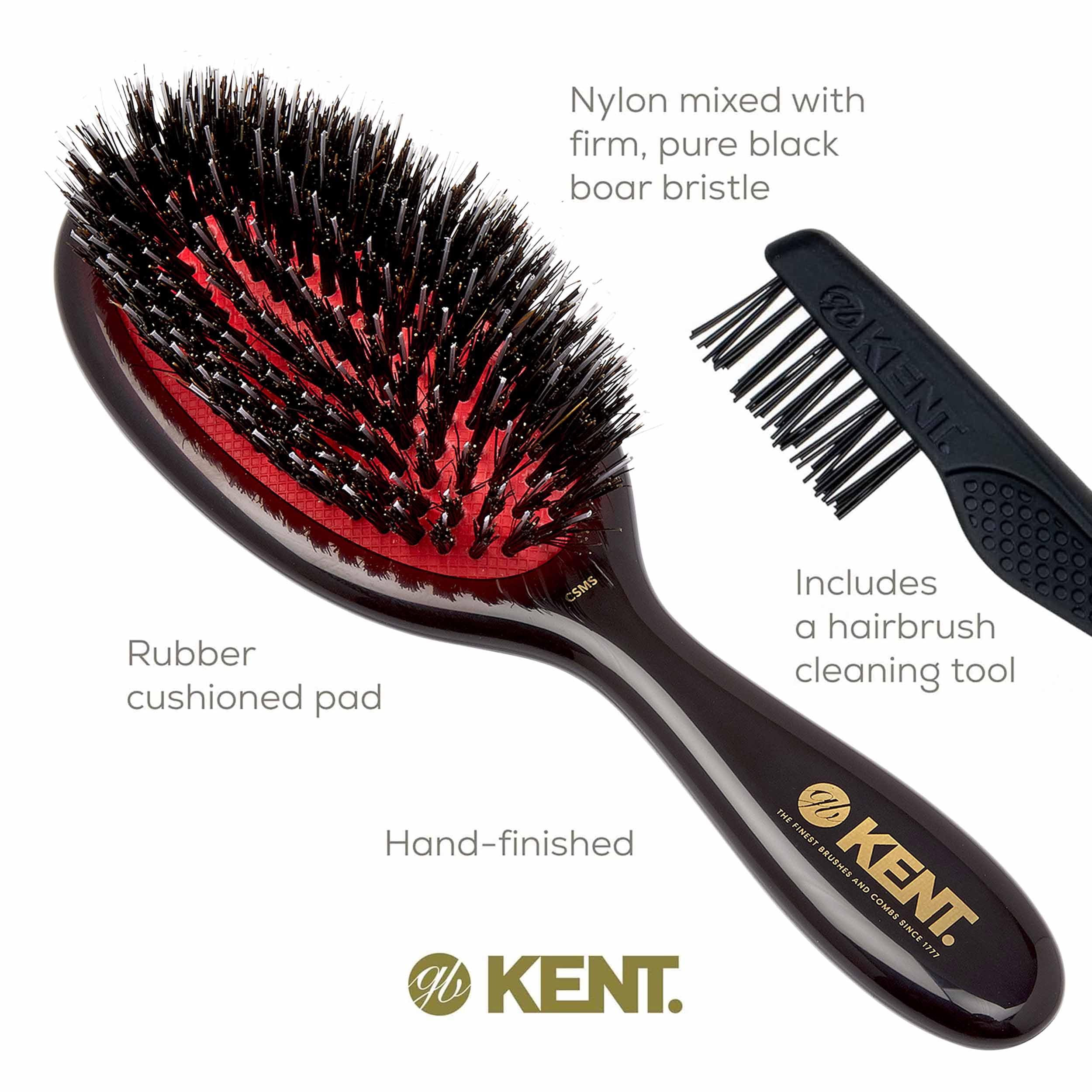 Kent CSMS Classic Shine Small Oval Cushion Straightening Brush - Natural Black Boar Bristle Hair Brush with Nylon Quills - Shine