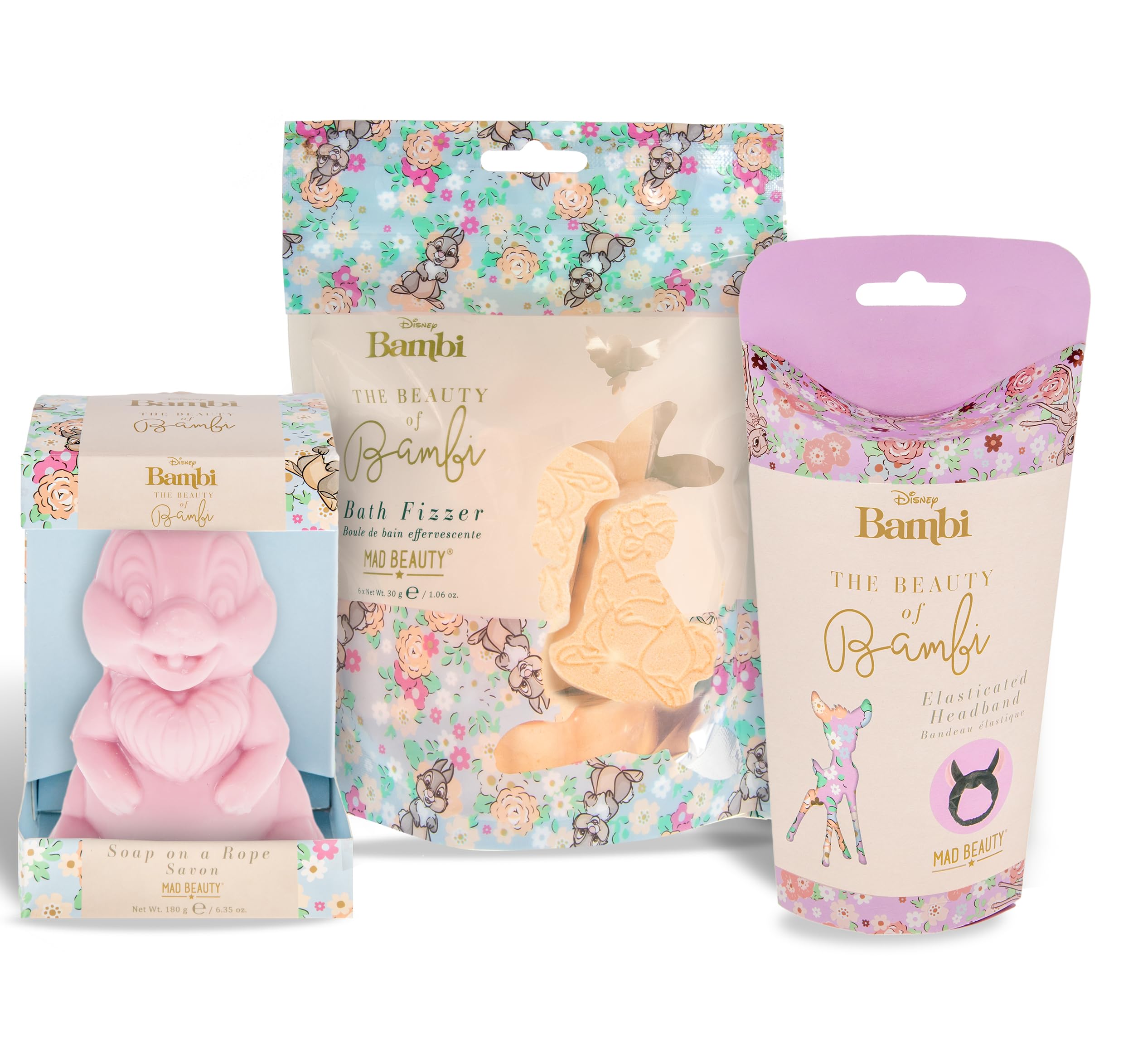 MAD BEAUTY Disney Tumper Pamer Set Gift Bundle, Pack of 6 Thumper Bath Fizzers, Bambi Elastic Headband, Thumper Soap on a Rope, 