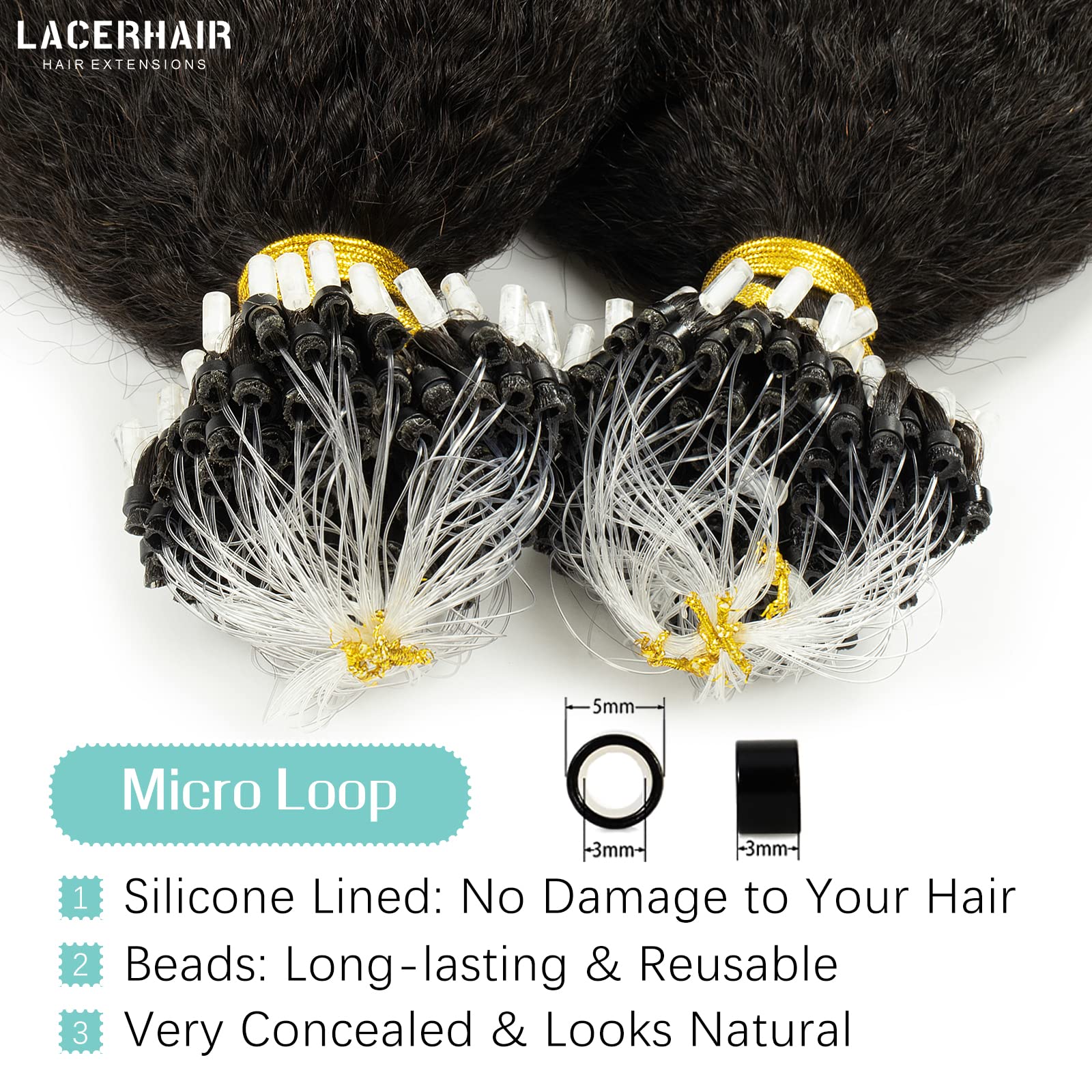 Lacerhair Microlink Hair Extensions Real Human Hair Yaki Brazilian Virgin Hair Black Kinky Straight Micro Loop Beaded Hair Exten