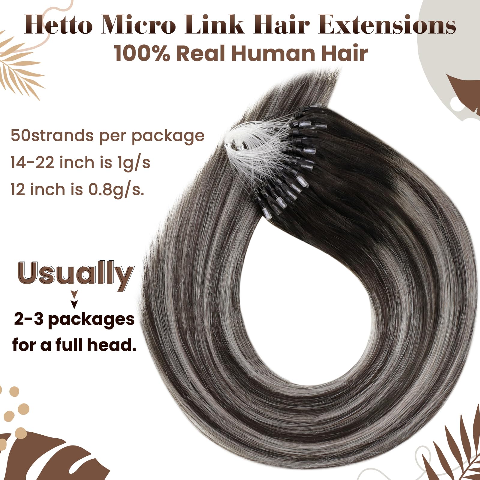 Hetto Balayage Micro Loop Hair Extensions Real Human Hair Black to Silver Gray with Black Micro Link Extensions Human Hair 12 In