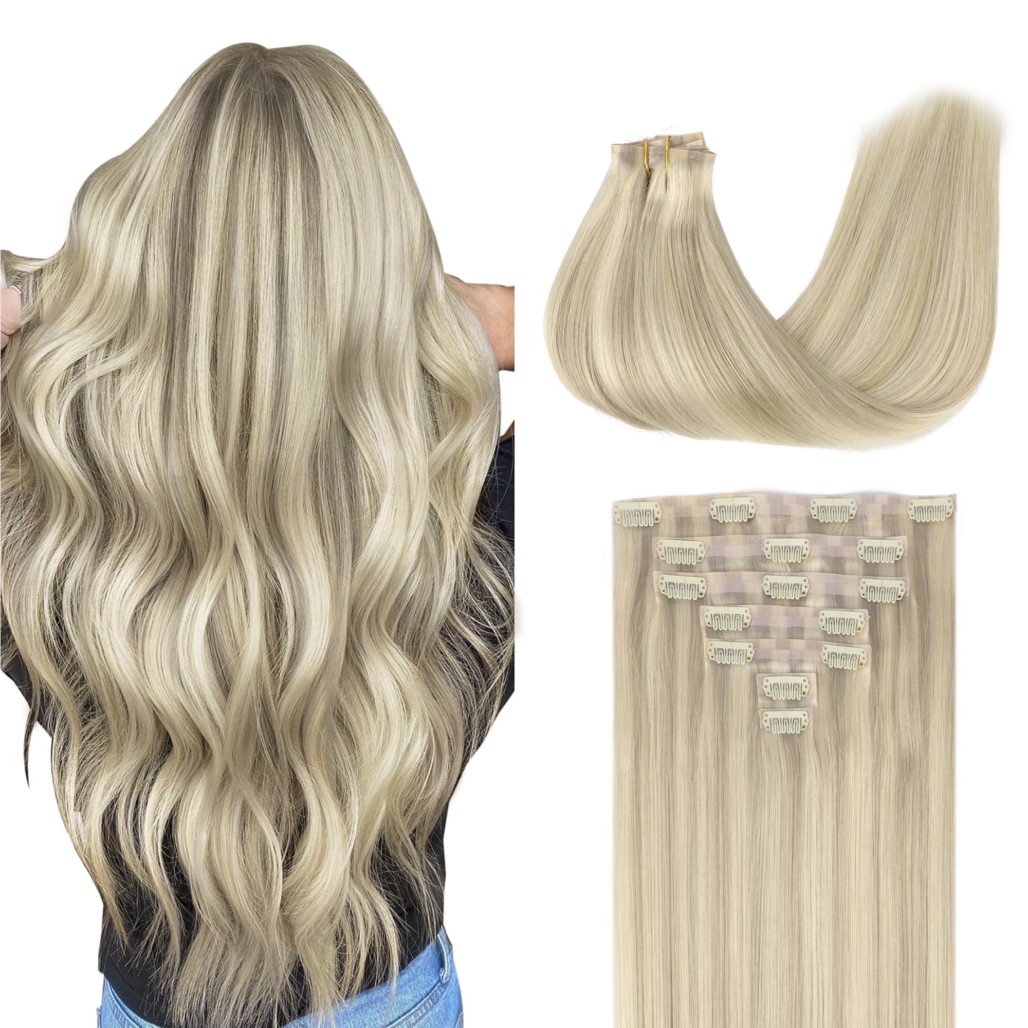 GOO GOO Clip in Hair Extensions Real Human Hair, 14inch 110g 7Pcs, 17A/60A Ash Blonde Highlighted Platinum Blonde, Remy Human Ha