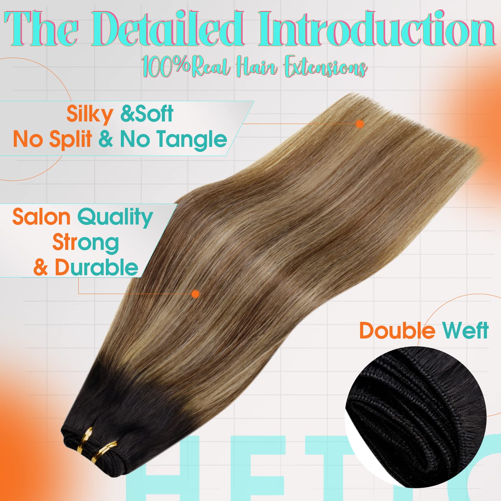 Hetto Ombre Weft Hair Extensions Human Hair Sew in Weft Extensions 18 Inch 100g #1B/6/27 Black to Brown Highlighted Blonde Balay