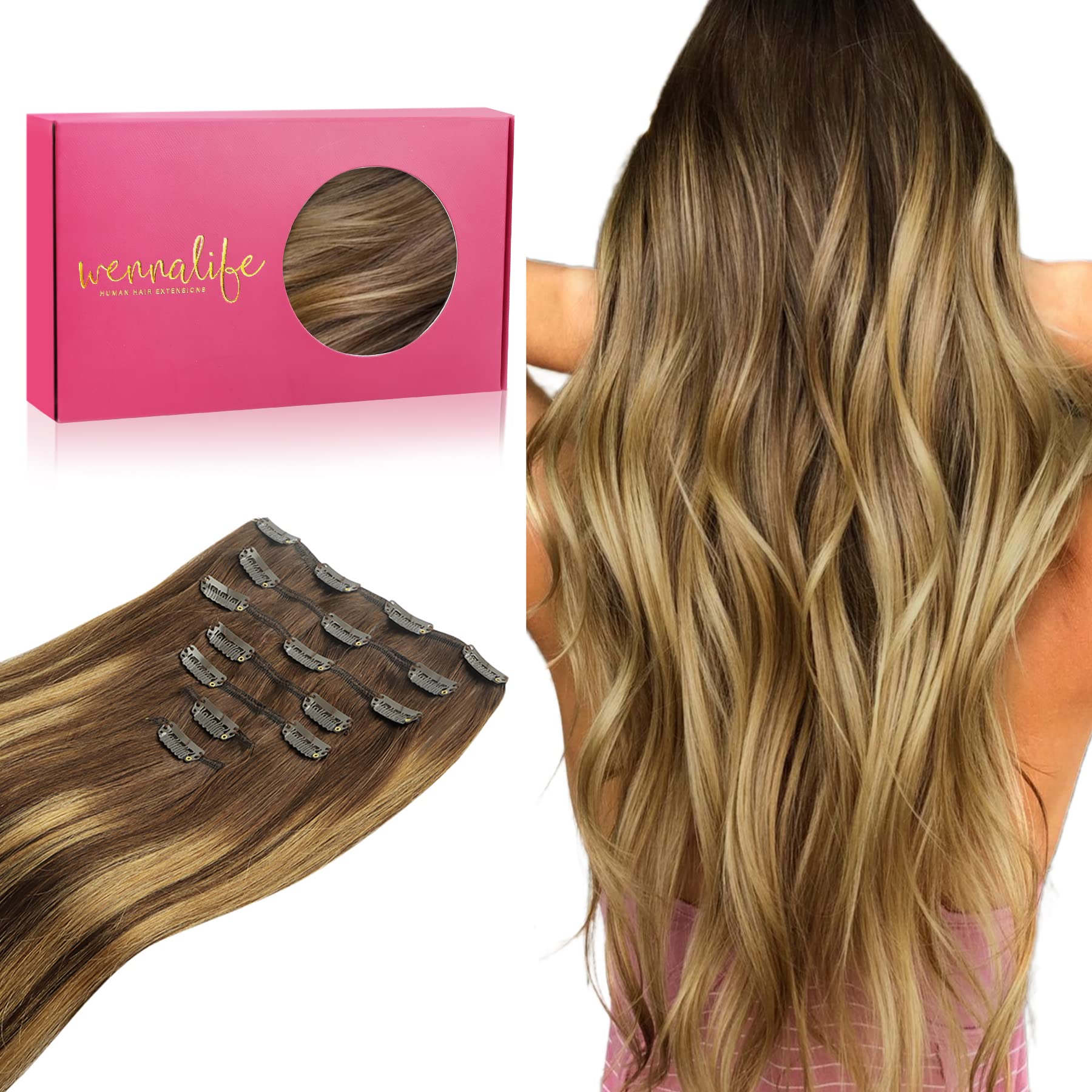 Wennalife Clip In Hair Extensions, 20 Inch 120G 7Pcs Balayage Chocolate Brown To Caramel Blonde Hair Extensions Clip In Human Ha