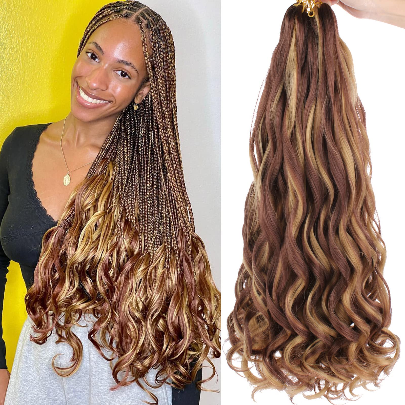 COOKOO 9 Pack 22 Inch Pre Stretched Bouncy Braiding Hair for Box Braids Ombre Brown Loose Curly Braids Extention Spanish Curly C